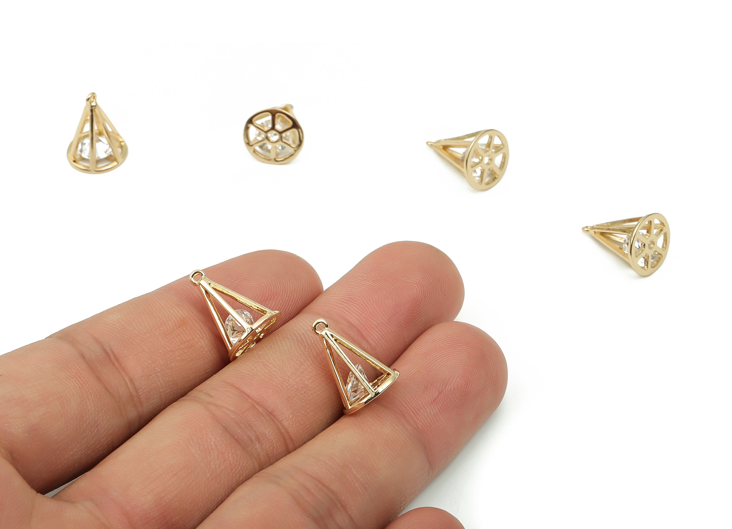 Brass Spike Conical Earring Charms With Zircon - Raw Brass Cone Pendant - KC Gold Tone Plated Brass - 14.07x10.48x10.48mm - PP4853G - DOMEDBAZAAR