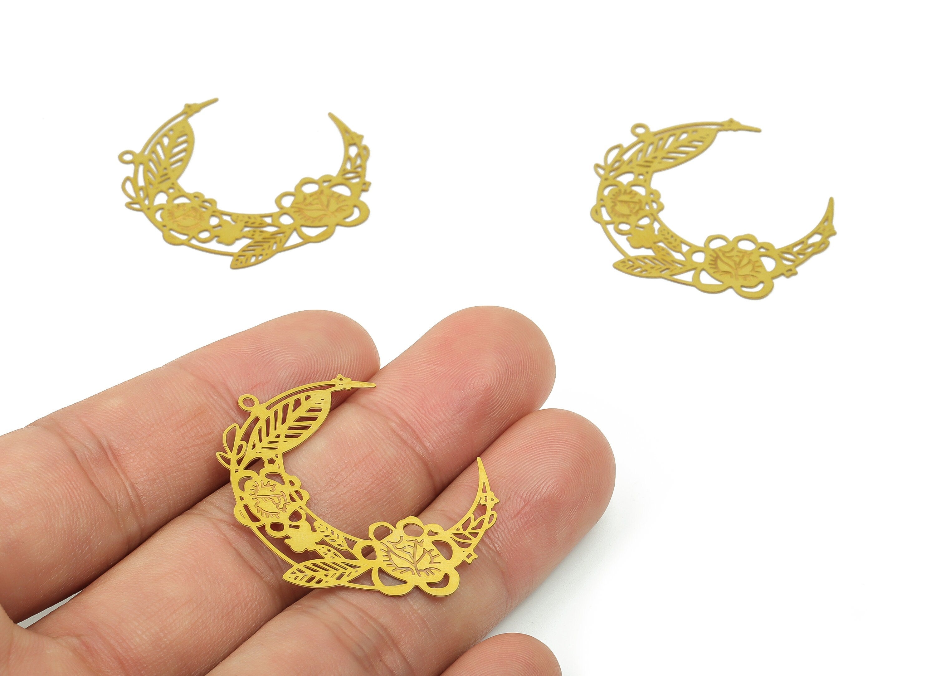 Brass Crescent Earring Charms - Raw Brass Moon Flowers Pendant - DIY Jewelry Making Supplies - 37.38x33.82x0.28mm - JJB6781 - DOMEDBAZAAR