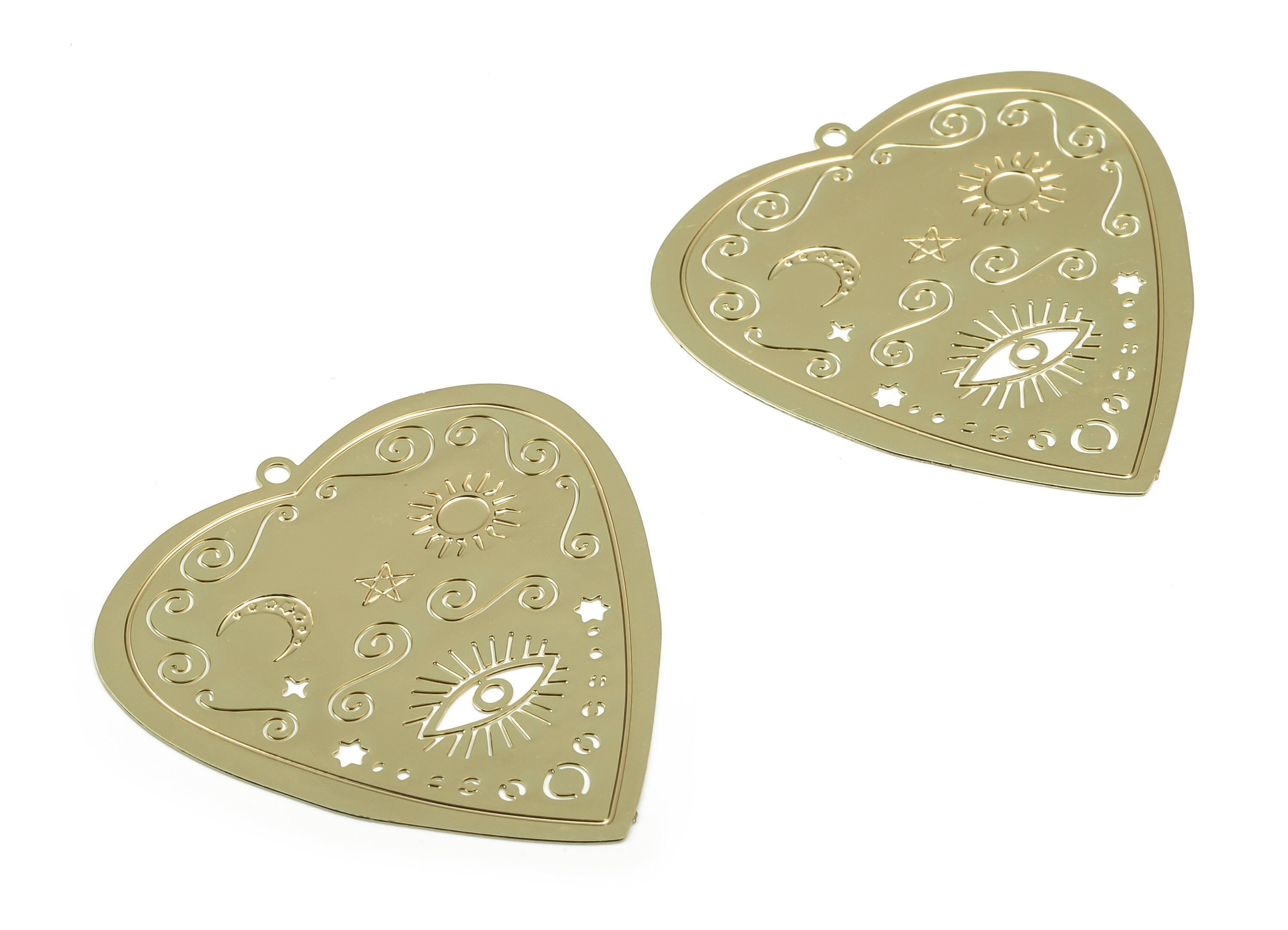 Gold Heart Eye Pendant - Brass Moon Pendant - Sun Earring Charms -Gold Heart Moon Pendant - Star Earrings - 35.7x34.87x0.37mm - JJB6778G - DOMEDBAZAAR