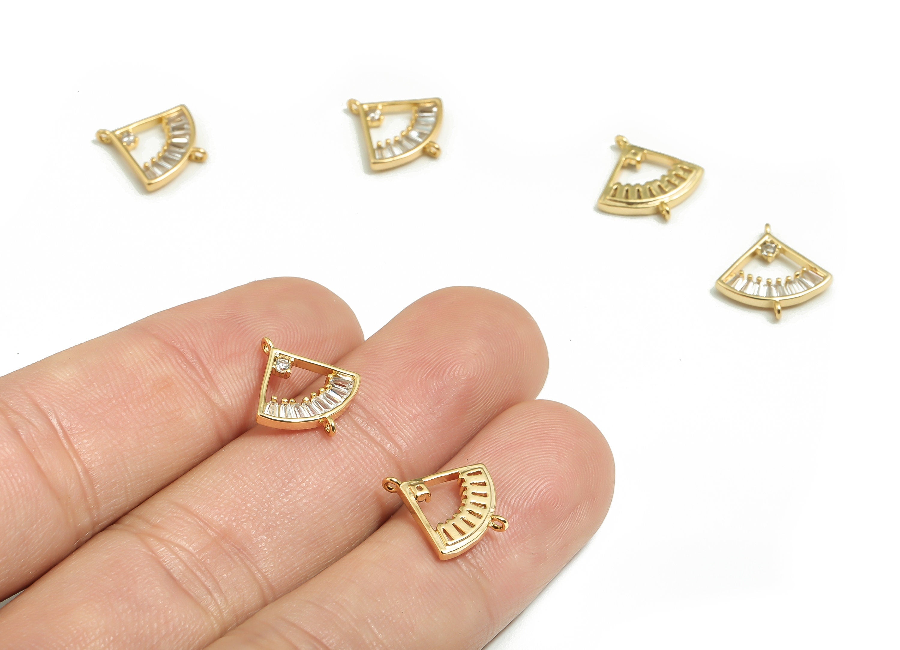 Brass Fan Earring Connector - Zircons Brass Fan Pendant - Gold Triangle Charm - 18K Real Gold Plated Brass- 13.65x13.01x1.82mm - RGP4145 - DOMEDBAZAAR