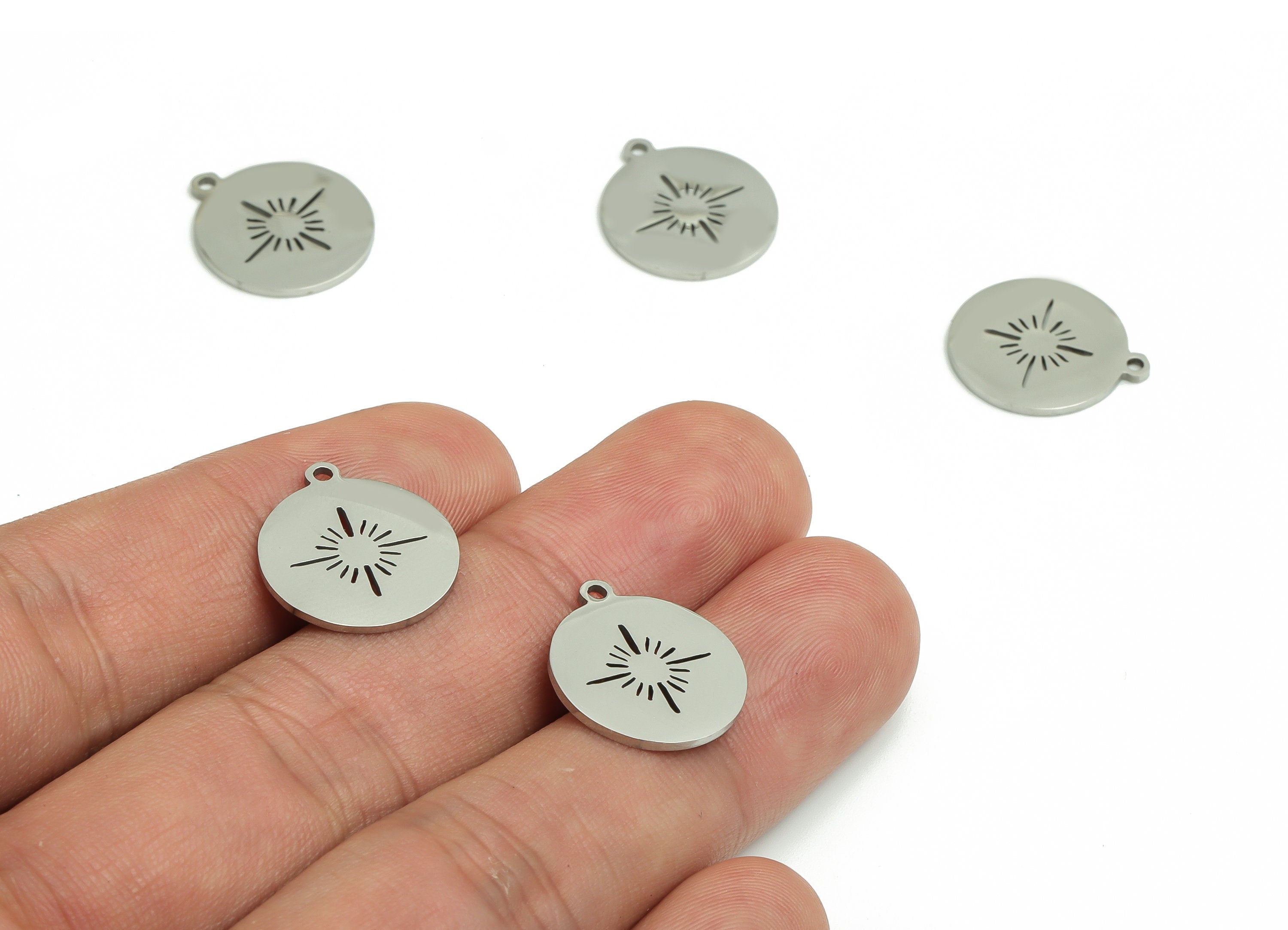 Stainless Steel Round Earring Charms - Stainless Steel Sun Star Pendant - Jewelry Making Supplies - 17.07x15.11x0.9mm - SS1267 - DOMEDBAZAAR