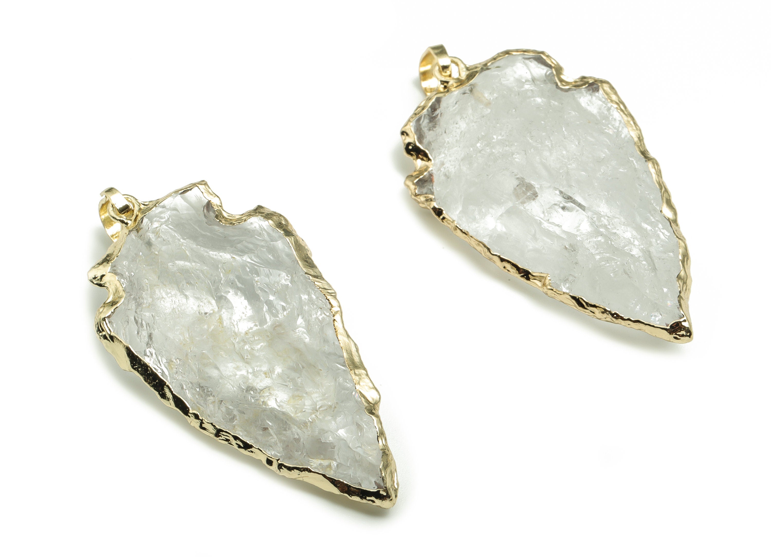 Clear Quartz Triangle Earring Charms -Brass Triangle Spearhead Pendant - Natural Stone - Gold Tone Plating - 36.87x20.32x8.72mm - NS1457 - DOMEDBAZAAR