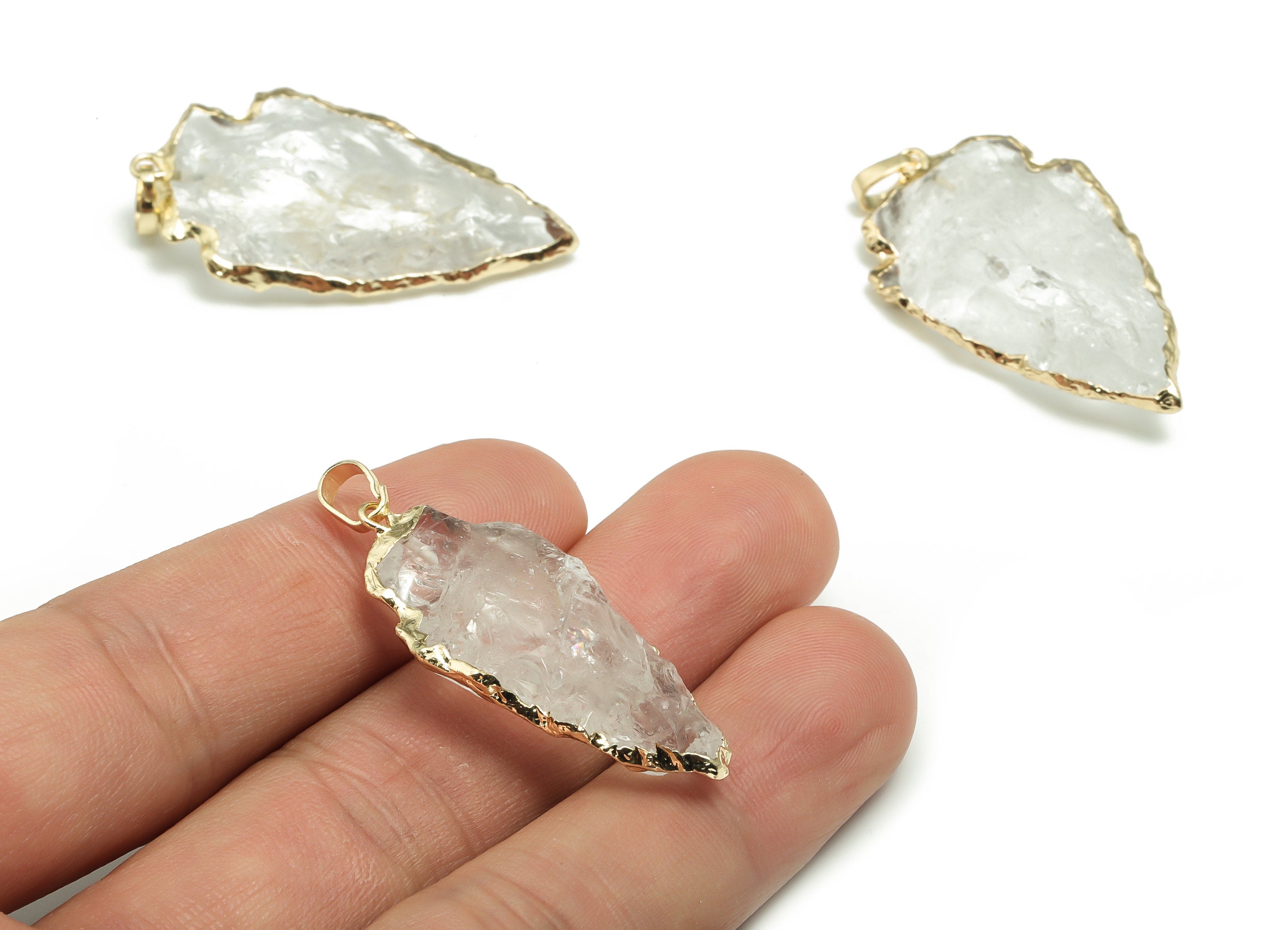 Clear Quartz Triangle Earring Charms -Brass Triangle Spearhead Pendant - Natural Stone - Gold Tone Plating - 36.87x20.32x8.72mm - NS1457 - DOMEDBAZAAR