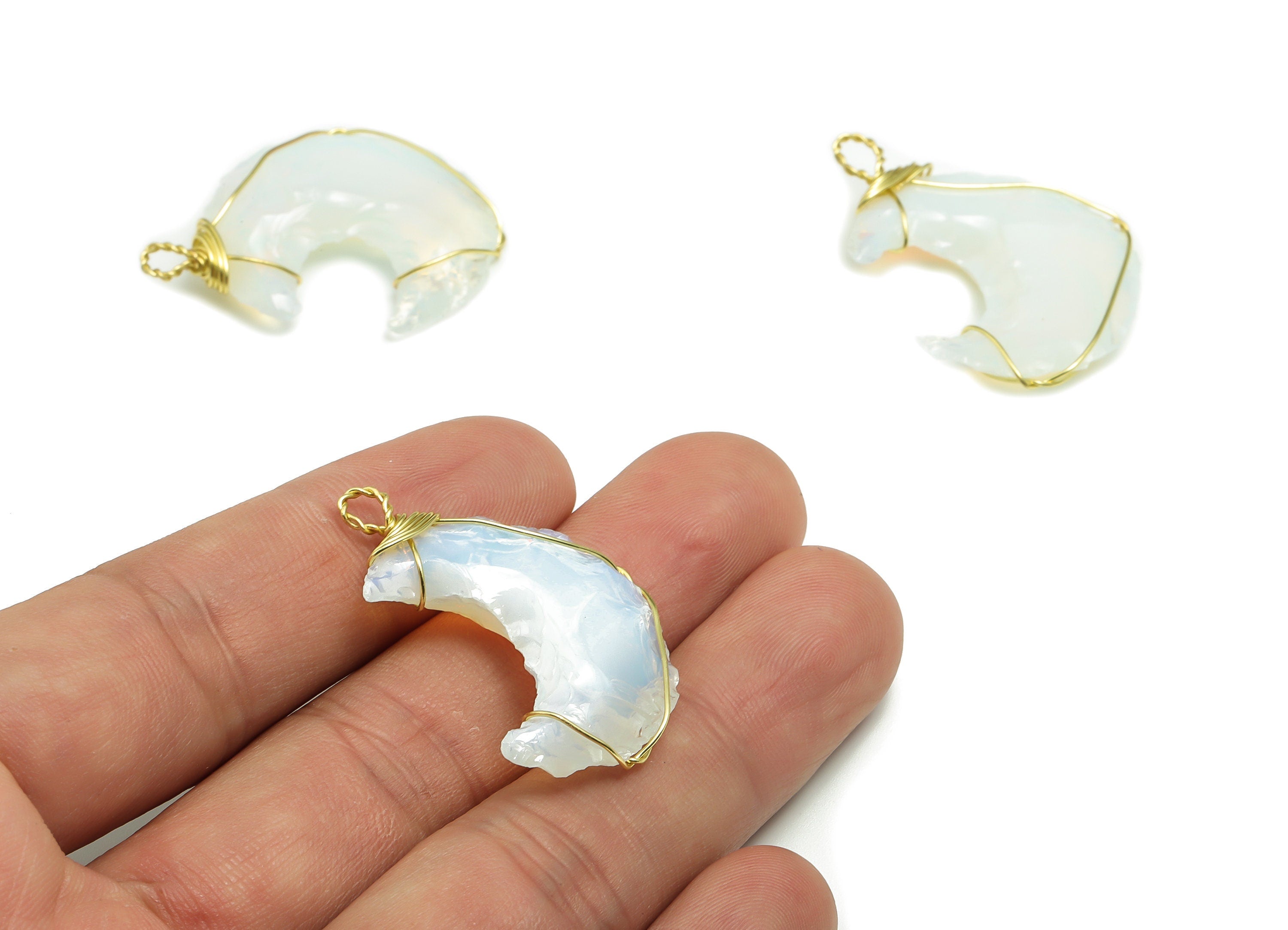 Opalite Crescent Earring Charms - Brass Moon Pendant - Brass Wire Wrapped - Natural Stone - Jewelry Supplies - 32.57x27.3x6.2mm – NS1456 - DOMEDBAZAAR