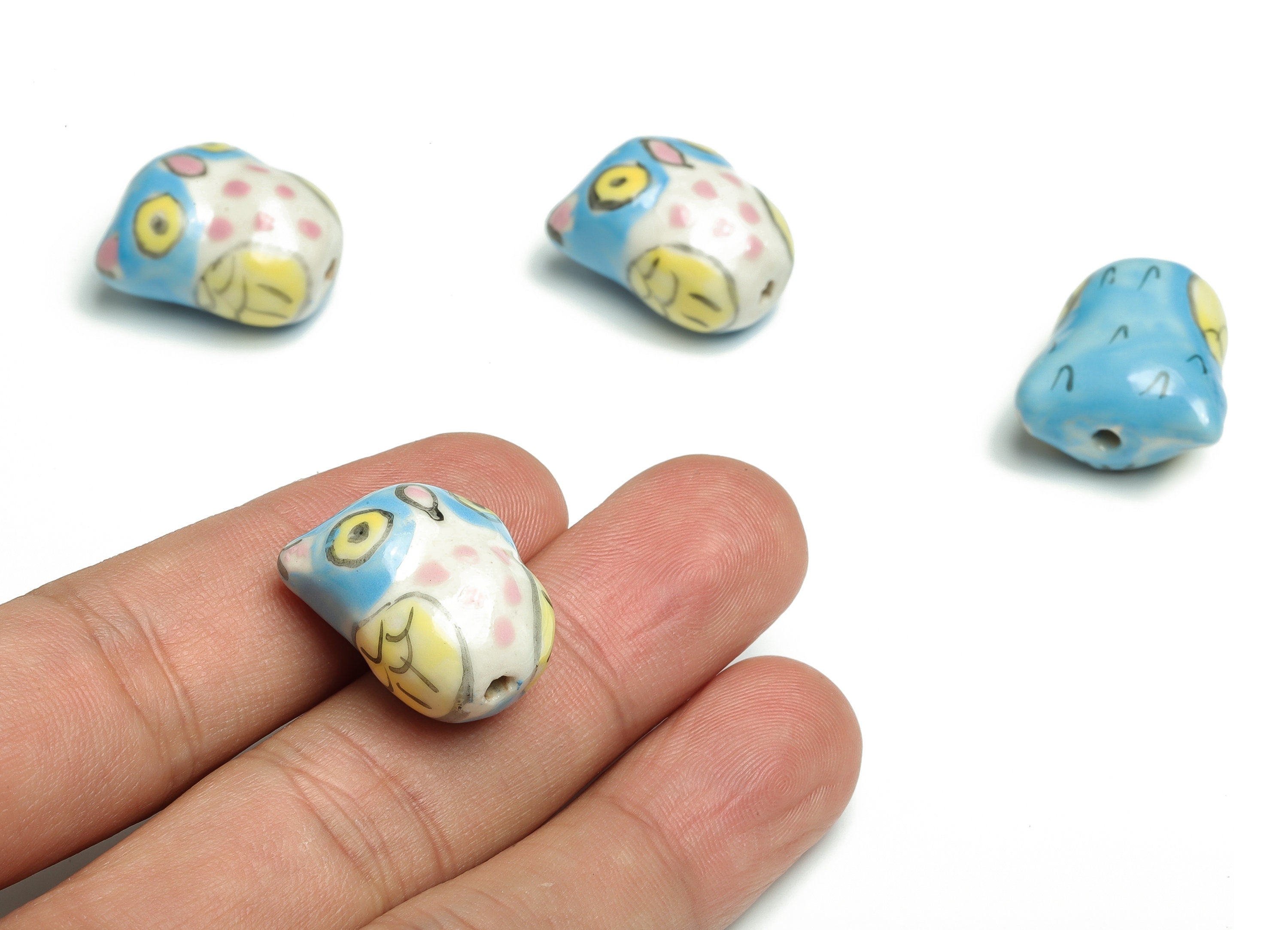 Glazed Ceramic Owl Beads - Carved Owl Beads - Handmade Beads - Necklace Beads - Connectors Beads - 20.66x18.91x12.58mm - NS1436 - DOMEDBAZAAR