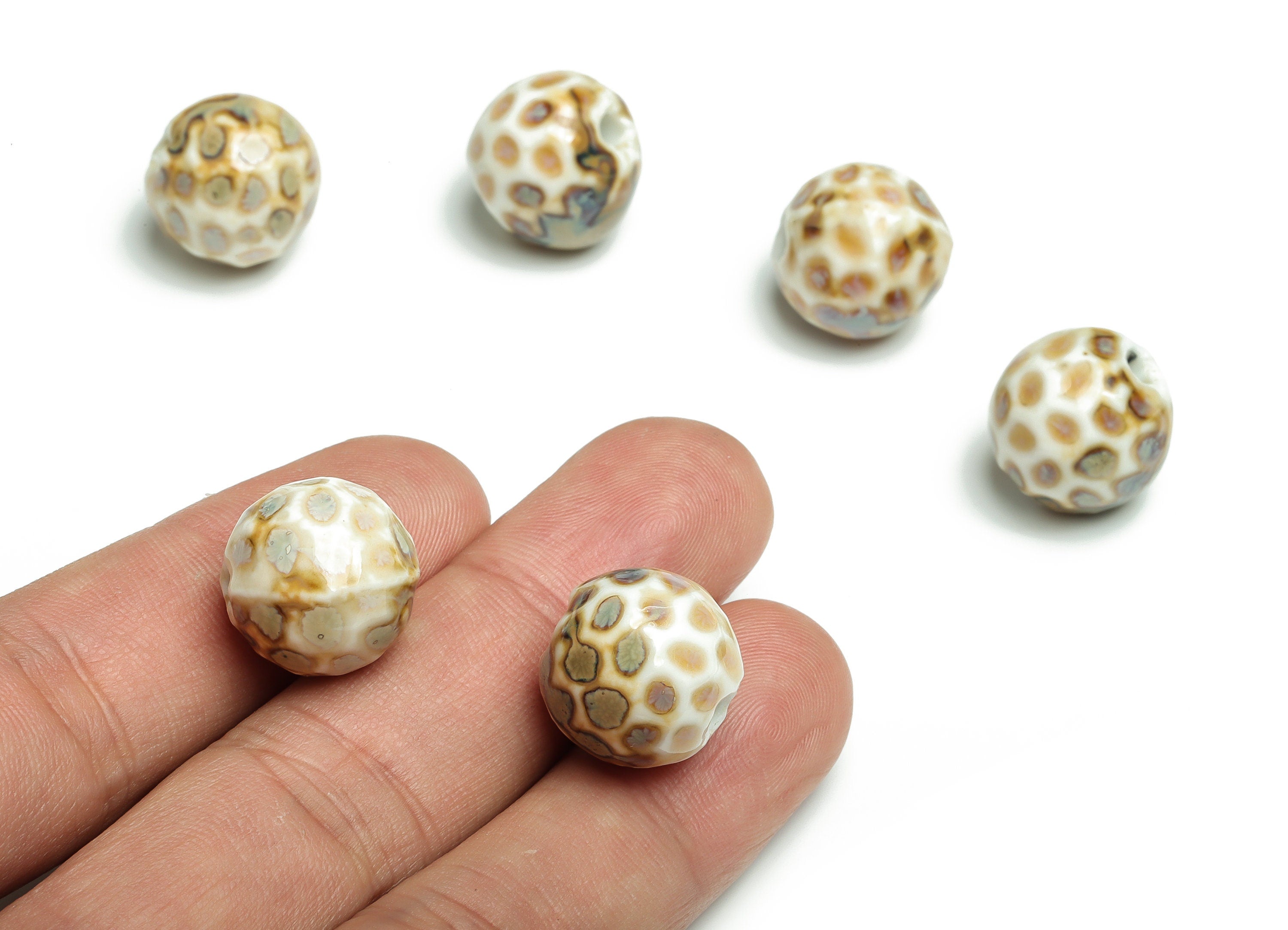 Glazed Ceramic Ball Beads - Carved Shaped Ball Beads - Handmade Beads - Necklace Beads- Connector Bead - 15.28x15.28x14.57mm-NS1451 - DOMEDBAZAAR