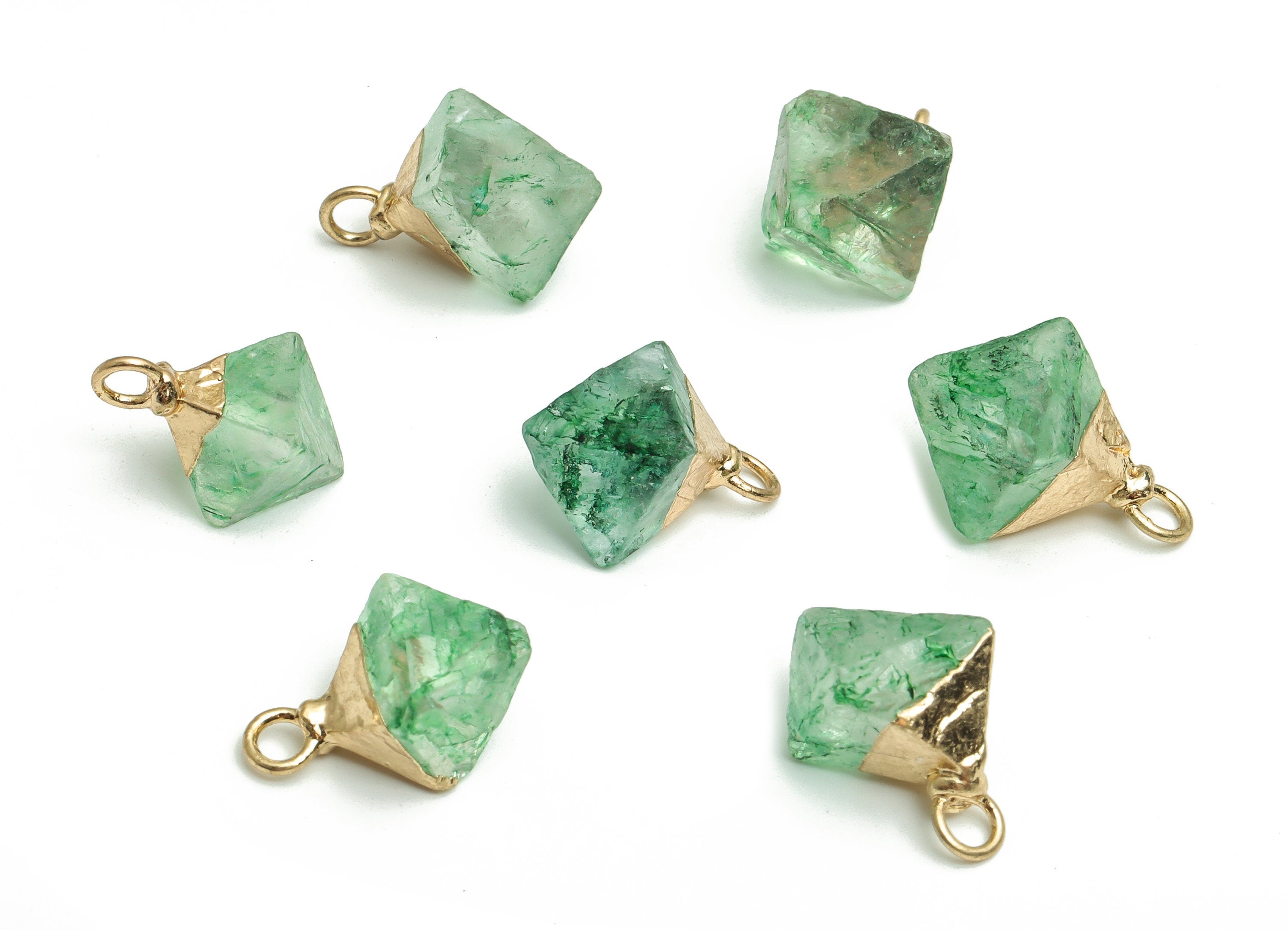 Green Fluorite Rhombic Earring Charm - Natural Stone - Iron Rhombic Pendant - Gold Tone Plated Alloy – Average Size - 16.7x13x13mm – NS1406 - DOMEDBAZAAR