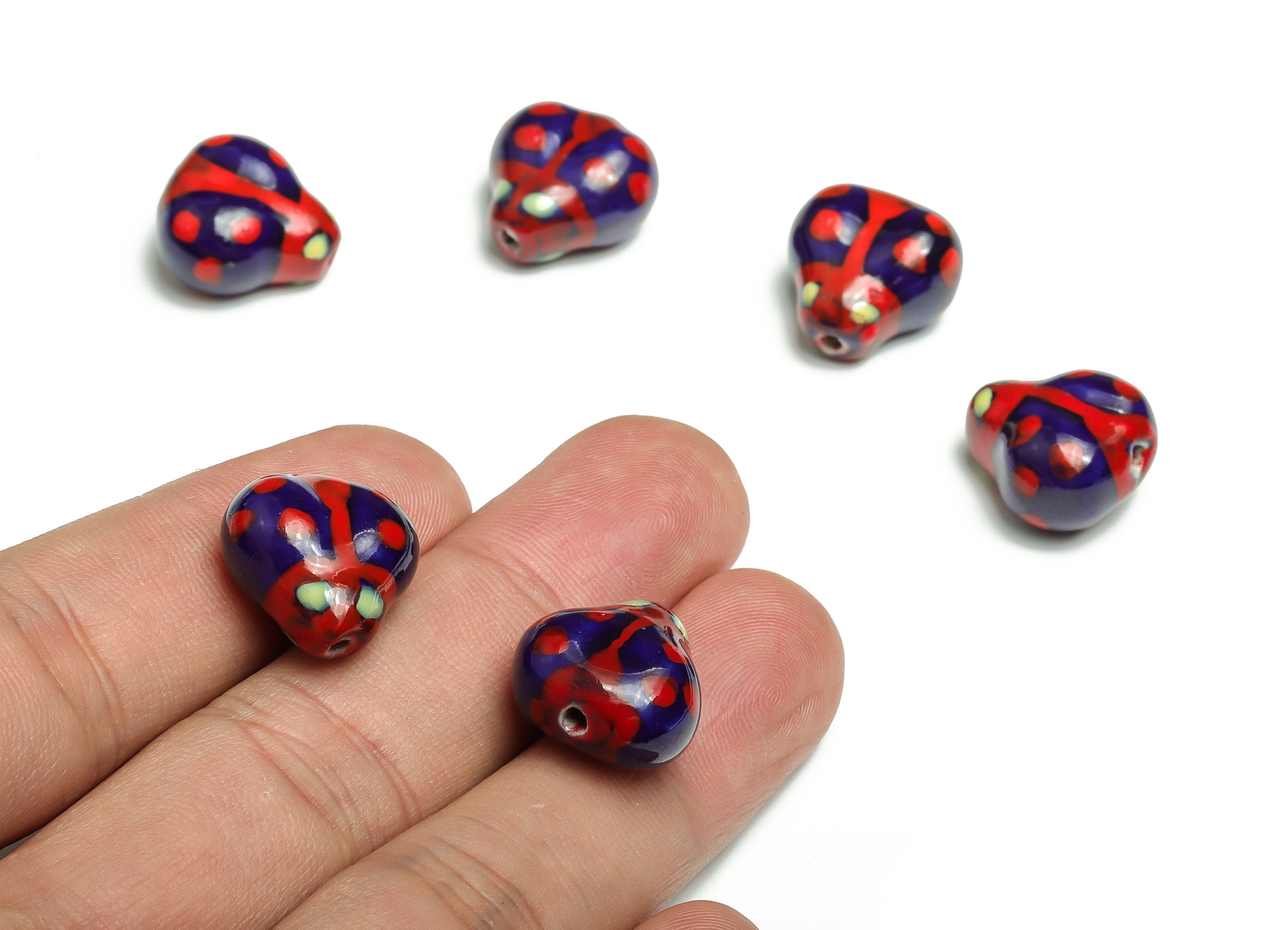 Glazed Ceramic ladybug Beads - Carved ladybug Beads - Handmade Beads - Necklace Beads - Connectors Beads - 16.22x15.38x9.3mm - NS1422D - DOMEDBAZAAR