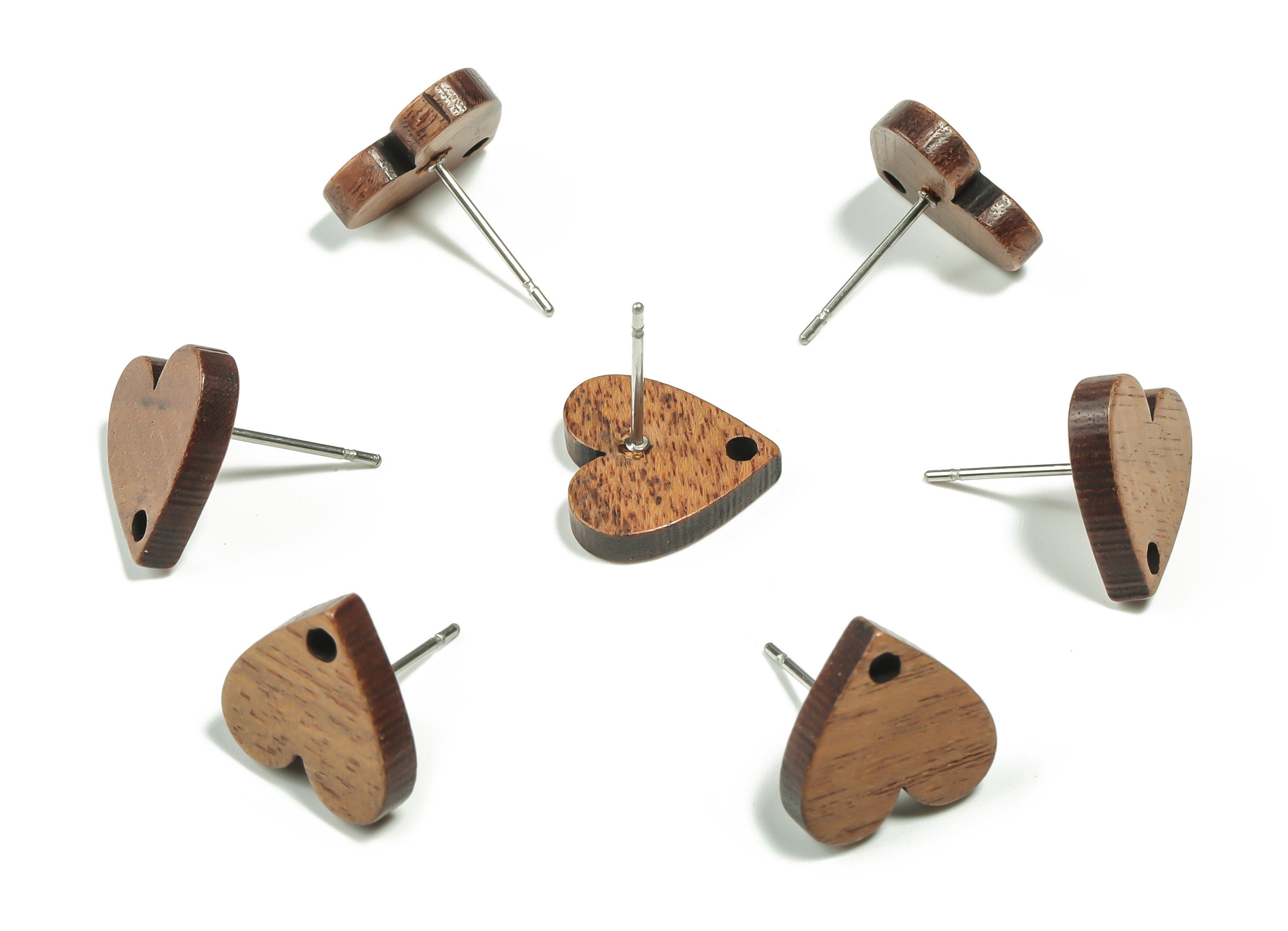 Mahogany Wood Heart Earring Stud - Mahogany Heart Post - Stainless Steel Stud - Mahogany Wood Heart Post - 12.43x12.33x2.78mm - BB1122 - DOMEDBAZAAR