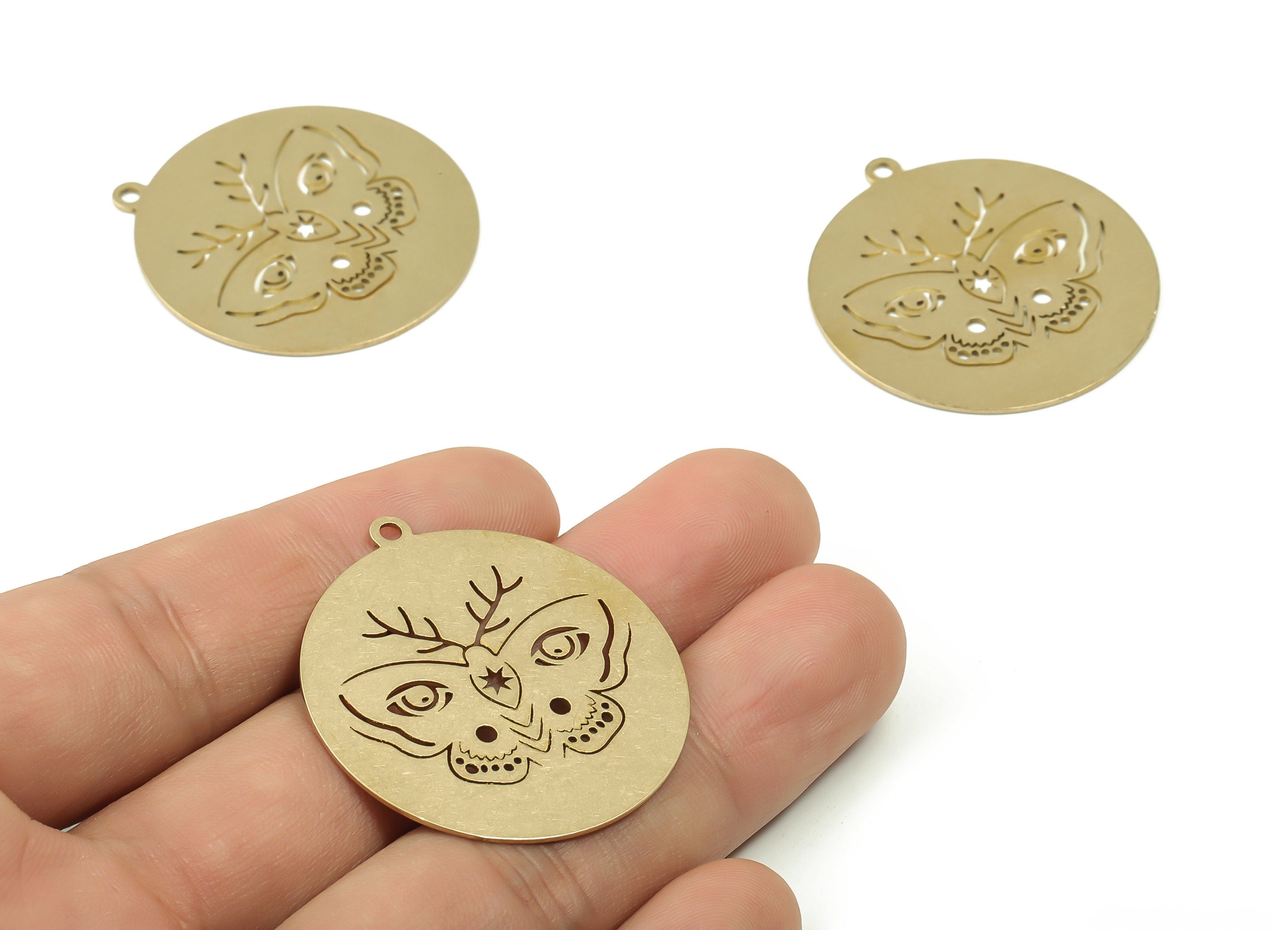 Brass Round Earring Charms - Raw Brass Butterfly Circle Pendant - Jewelry Making Supplies - 37.8x34.84x0.67mm - PPA0156 - DOMEDBAZAAR