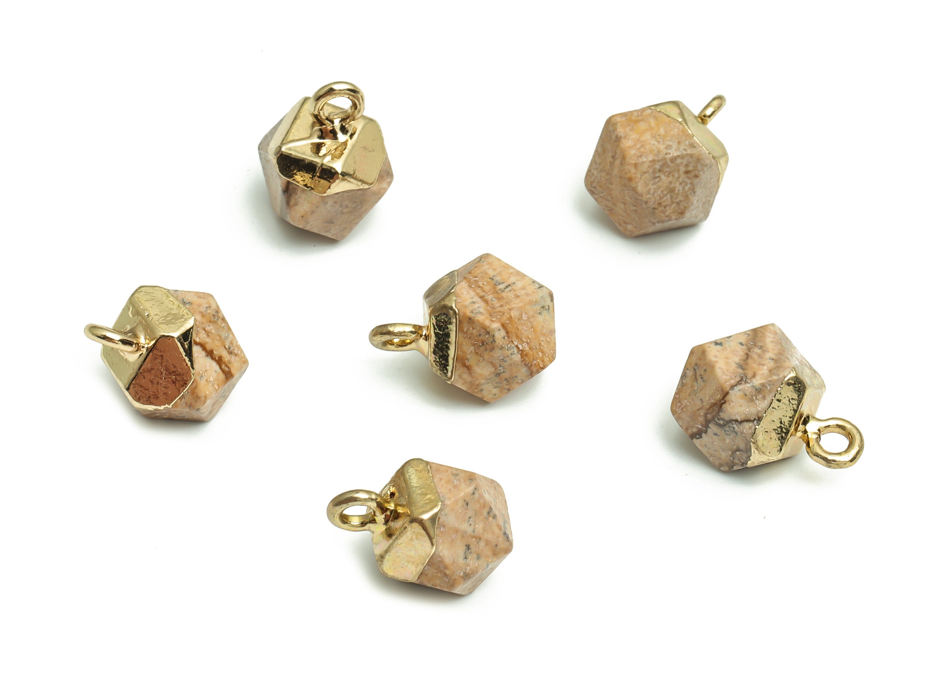 Picture Jasper Earring Charms - Iron Round Pendant - Natural Stone - Gold Tone Plated Alloy – Jewelry Supplies - 12.6x10.12x10.12mm – NS1413 - DOMEDBAZAAR