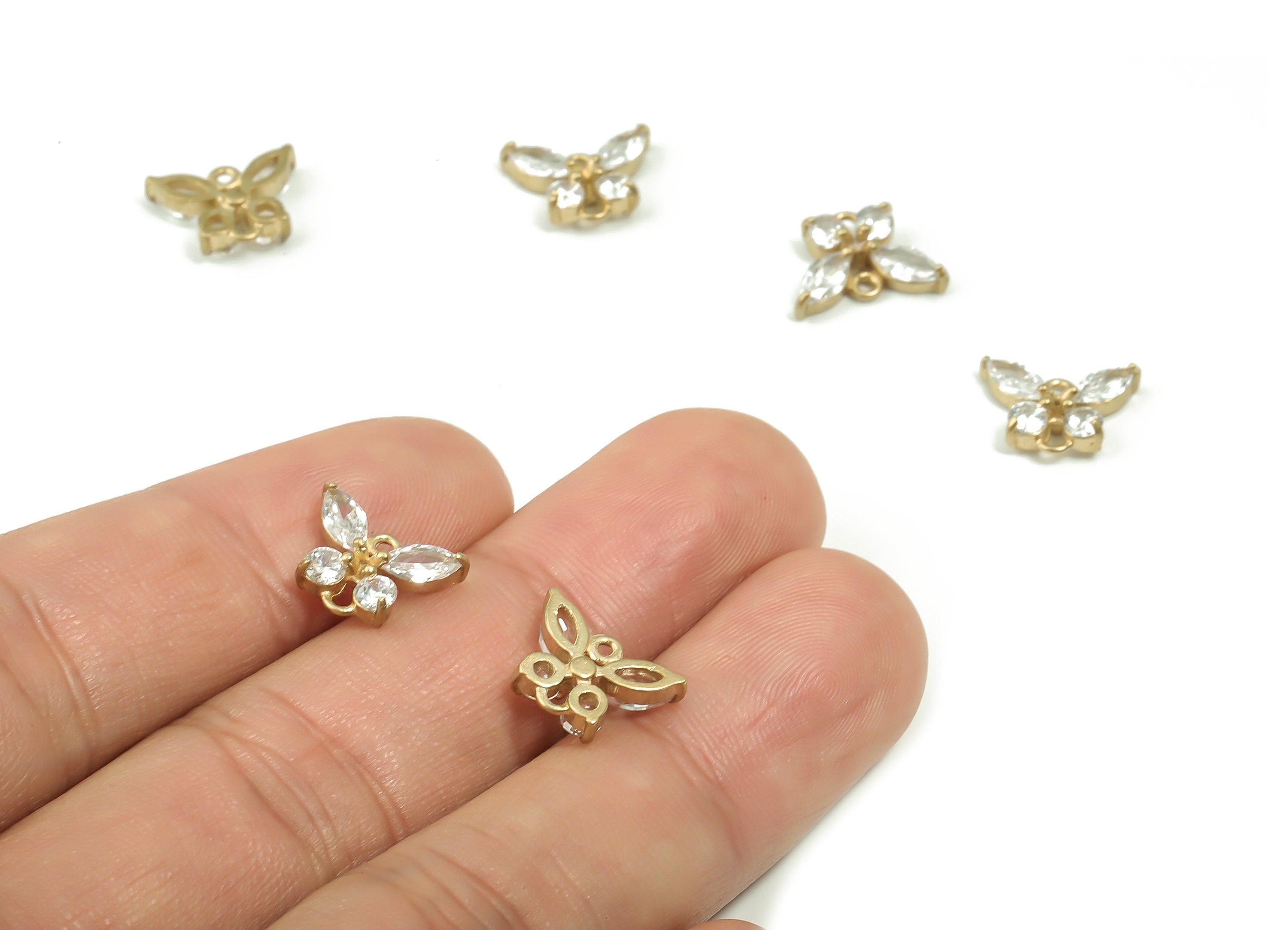 Zircon Butterfly Brass Connector - Raw Brass Tiny Butterfly Pendant - Butterfly Earring Charm - Jewelry Supplies - 12.29x9.17x3.58mm- PP4872 - DOMEDBAZAAR