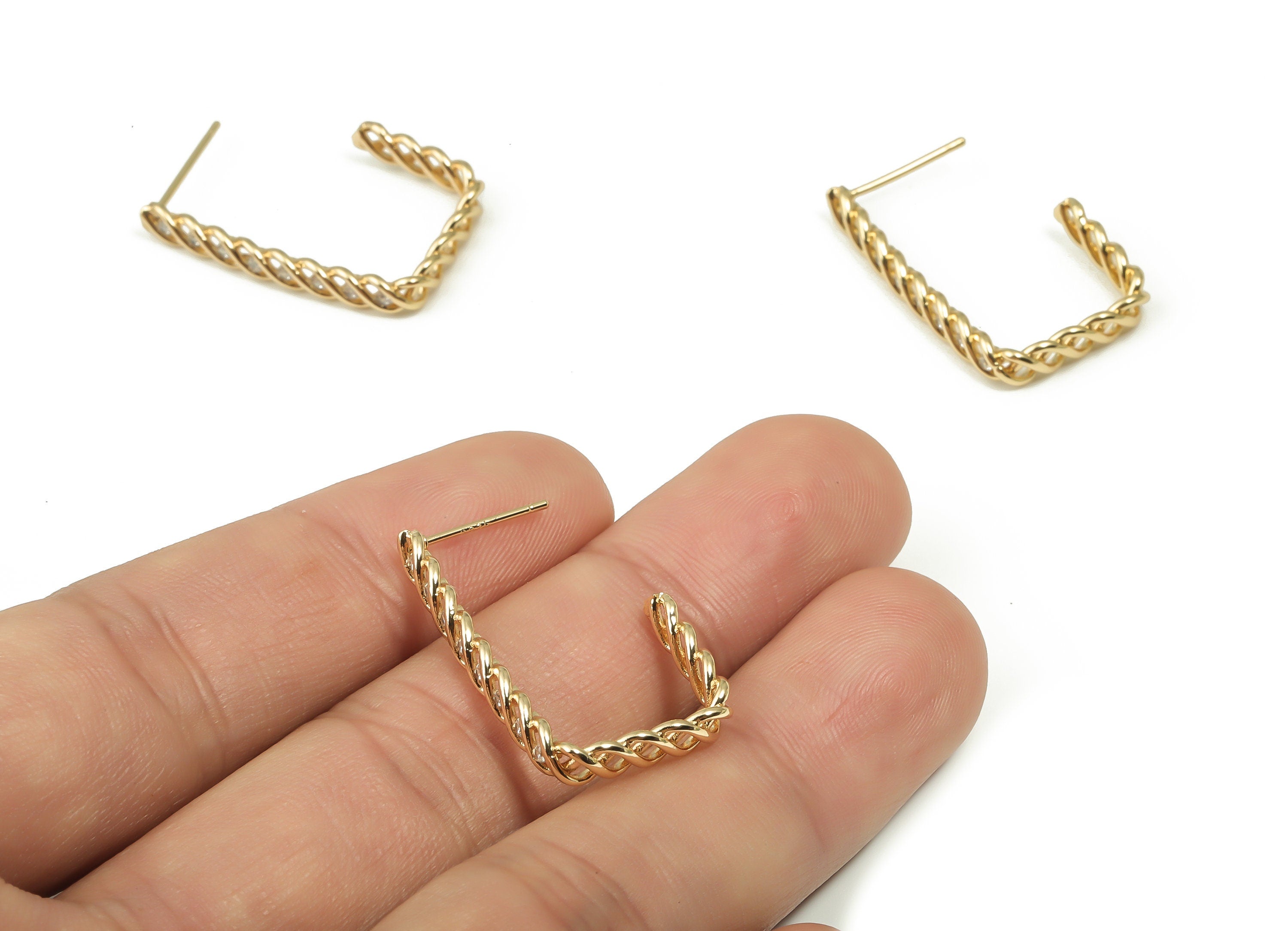 Brass Rectangle Stud With Zircons - Gold Rectangle Post - 925 Imitation Silver Needle - 18k Real Gold Plated Brass - 17.8x17.8x2mm - RGP4165 - DOMEDBAZAAR