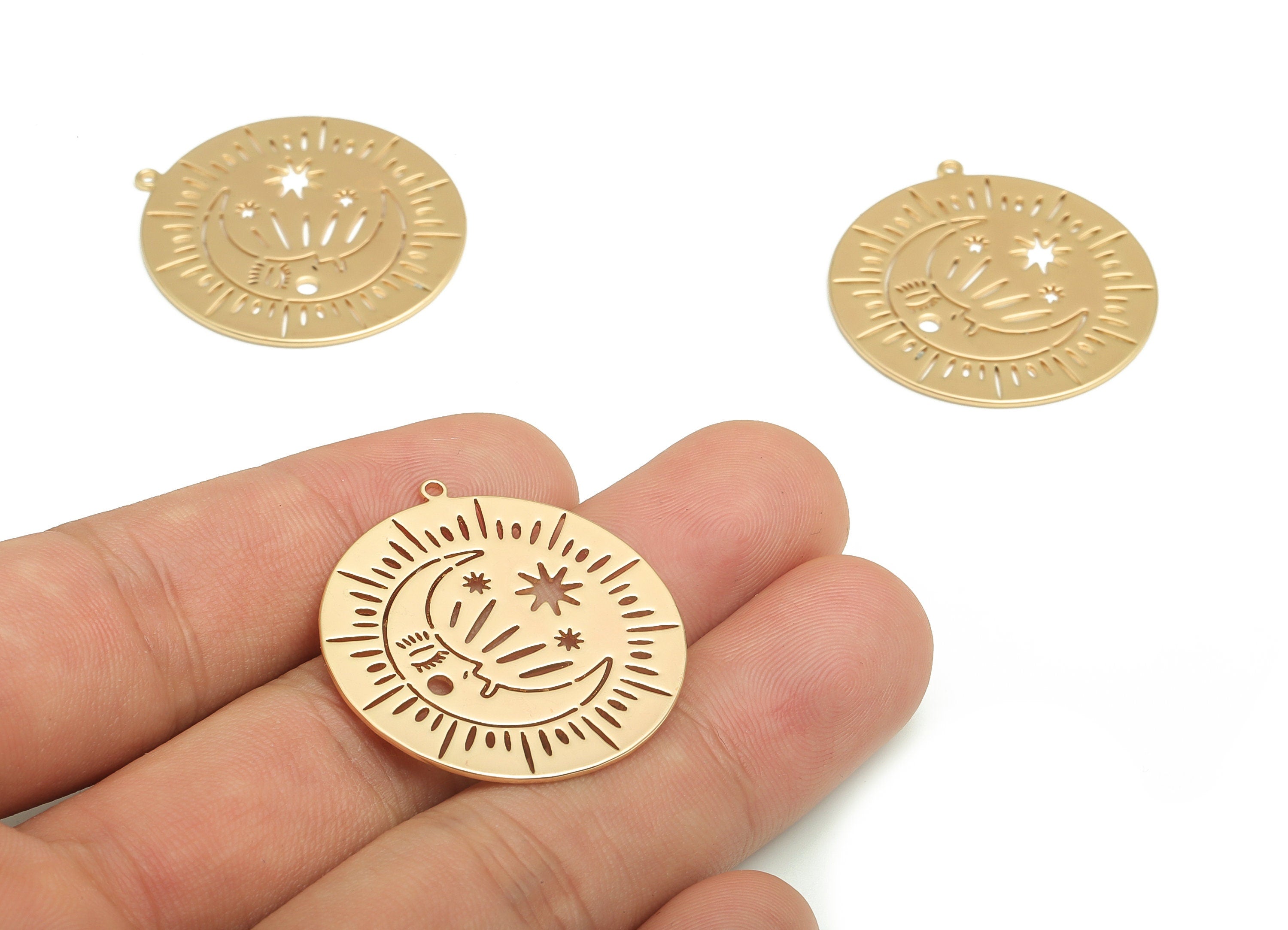 Brass Round Crescent Earring Charms - Gold Moon Sun Pendant - 18K Real Gold Plated Brass - Jewelry Supplies - 32.38x30.08x0.84mm - RGP4112 - DOMEDBAZAAR