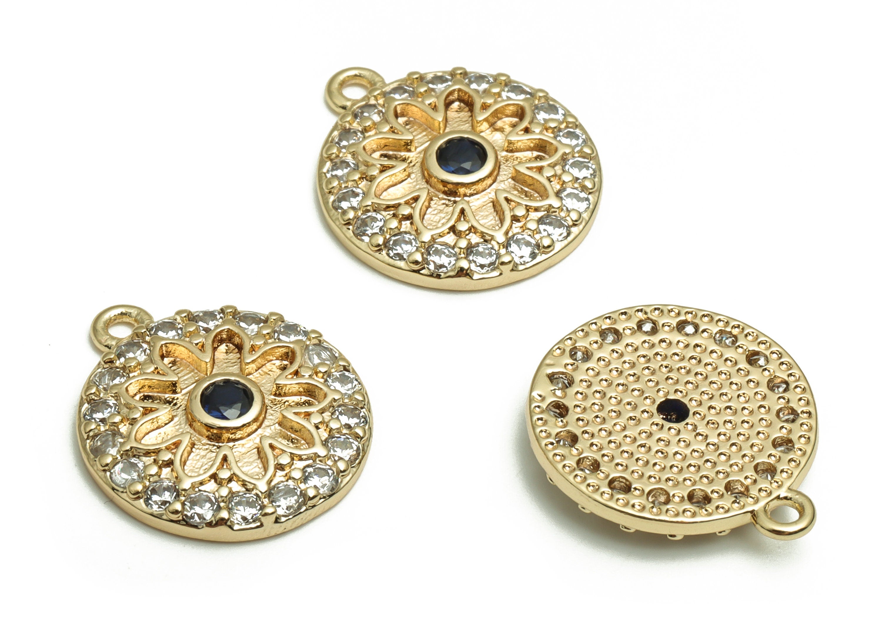 Brass Round Earring Charms With Zircons - Gold Flower Pendant - 18K Real Gold Plated Brass - Jewelry Supplies - 15.94x13.63x2.68mm - RGP4063 - DOMEDBAZAAR