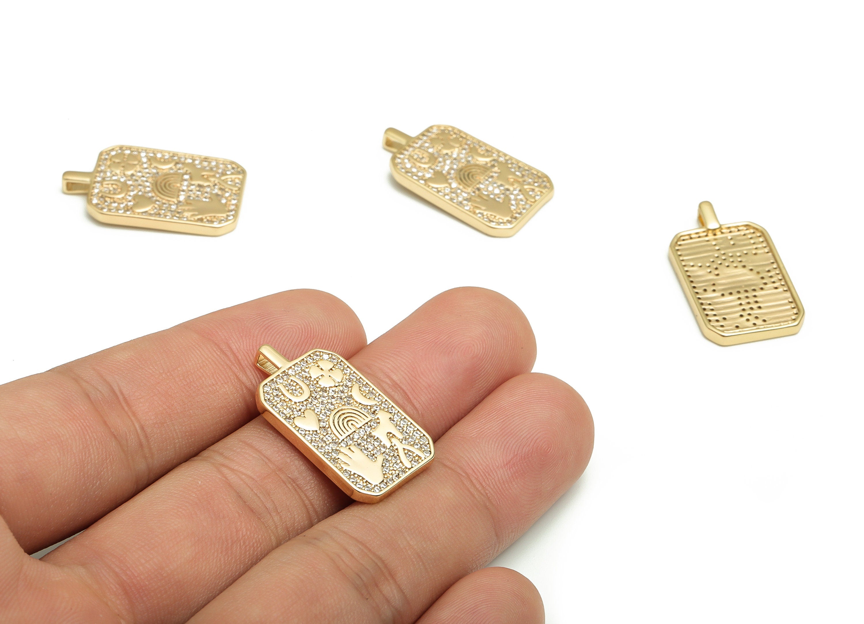 Brass Rectangle Earring Charms With Zircons - Gold Pattern Pendant - 18K Real Gold Plated Brass - Jewelry Supplies - 26.9x14.9x2mm- RGP4083 - DOMEDBAZAAR