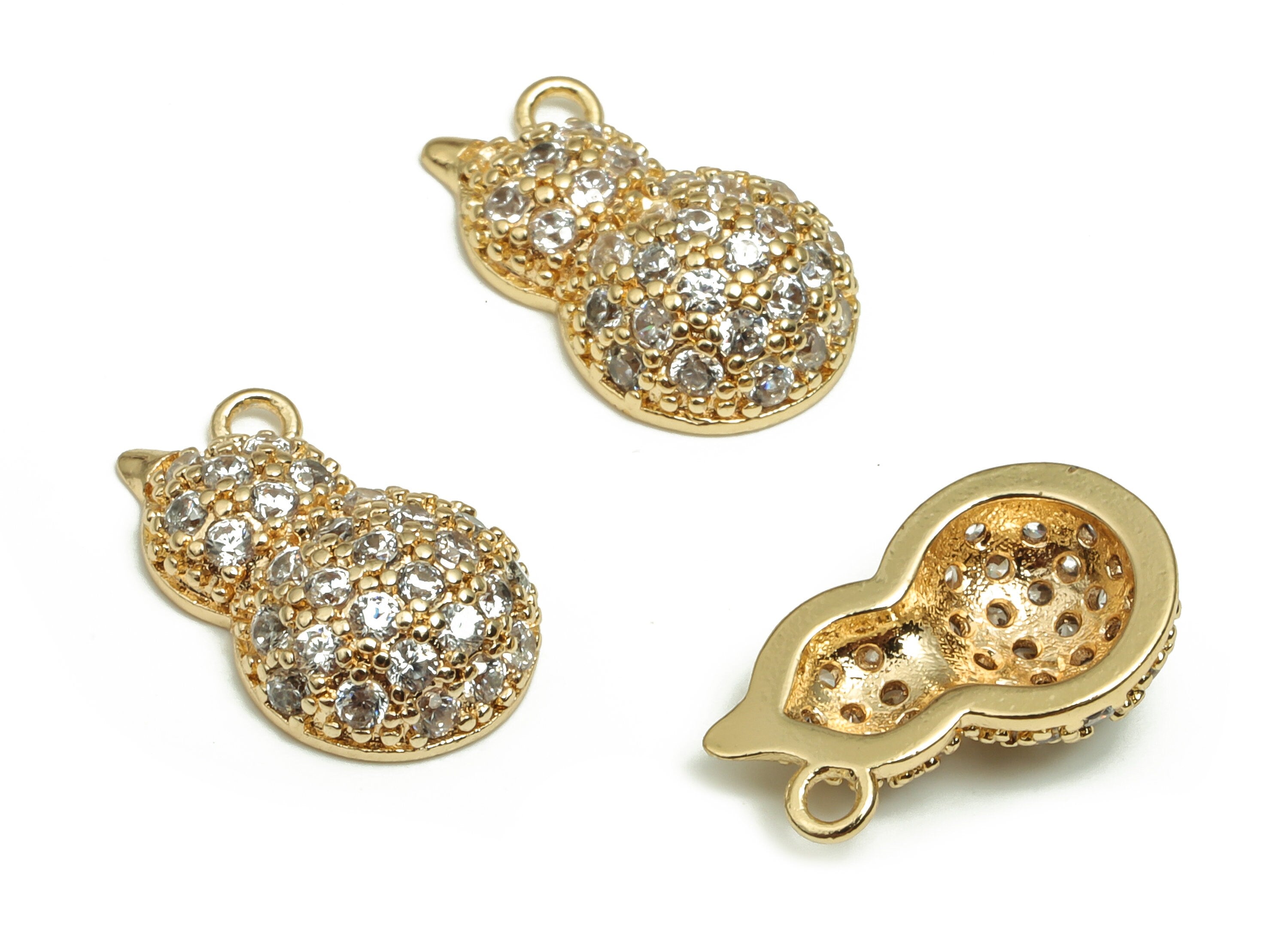 Brass Gourd Earring Charms With Zircons - Gold Gourd Pendant - 18K Real Gold Plated Brass - Jewelry Supplies - 14.84x8.89x4.33mm - RGP4105 - DOMEDBAZAAR
