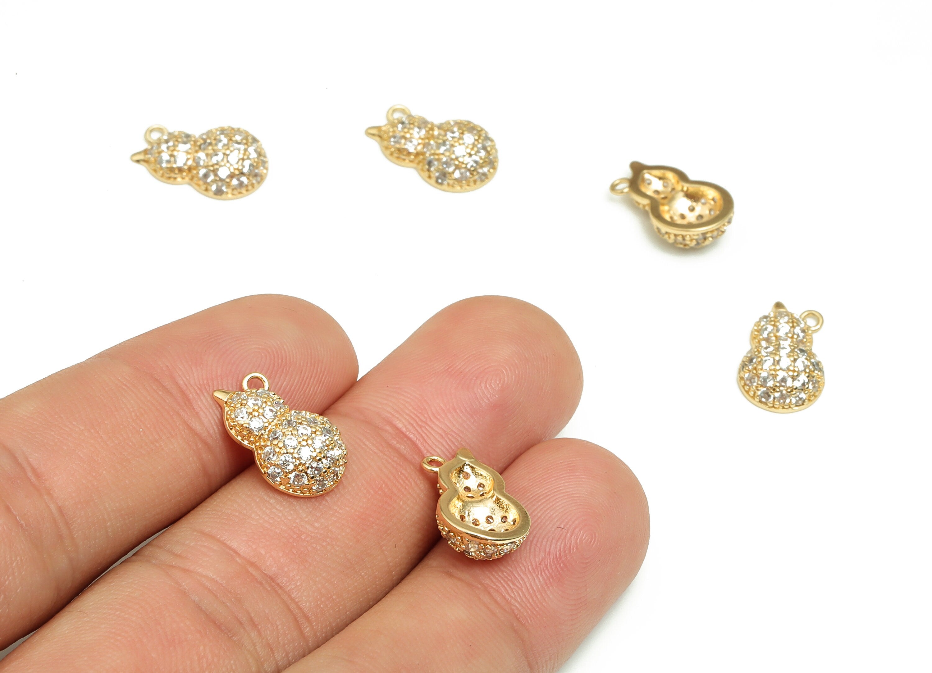 Brass Gourd Earring Charms With Zircons - Gold Gourd Pendant - 18K Real Gold Plated Brass - Jewelry Supplies - 14.84x8.89x4.33mm - RGP4105 - DOMEDBAZAAR
