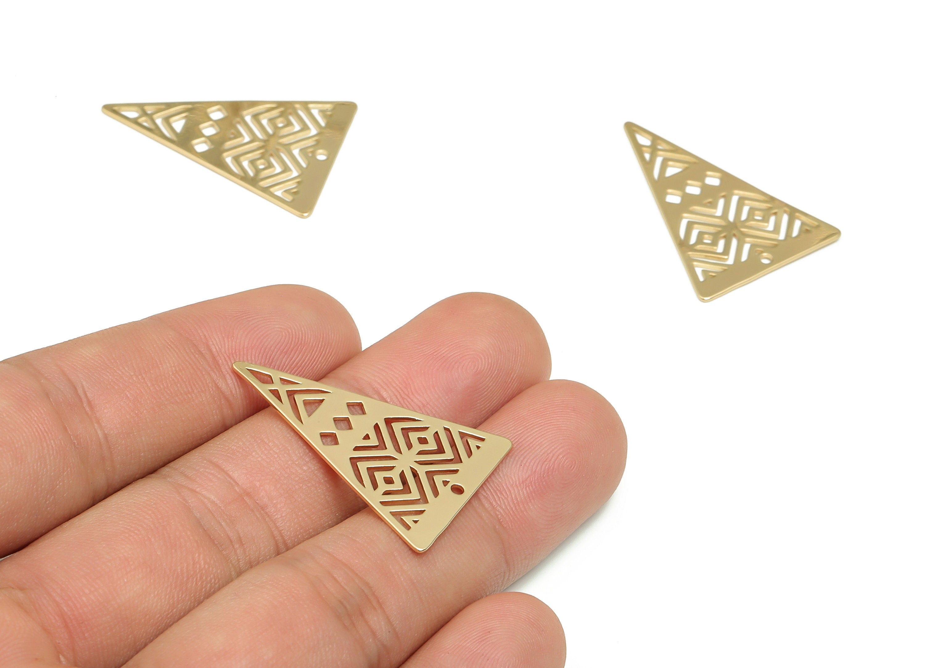Brass Triangle Earring Charms - Gold Pattern Pendant - 18K Real Gold Plated Brass - Jewelry Making Supplies - 32x22.52x0.7mm- RGP4120 - DOMEDBAZAAR