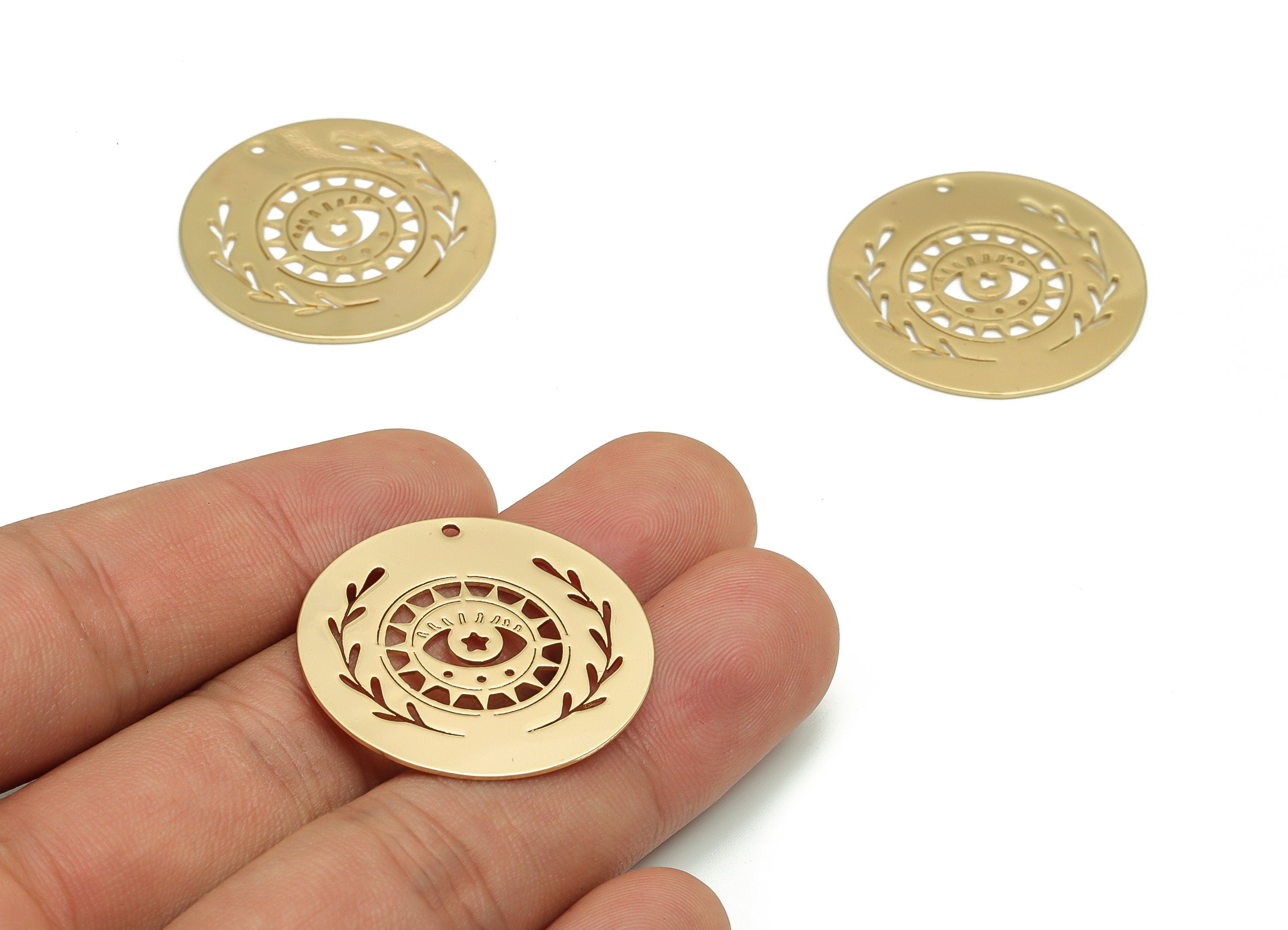 Brass Round Branch Earring Charms - Gold Eye Sun Pendant - 18K Real Gold Plated Brass - Jewelry Supplies - 30.38x30.38x0.72mm - RGP4072 - DOMEDBAZAAR