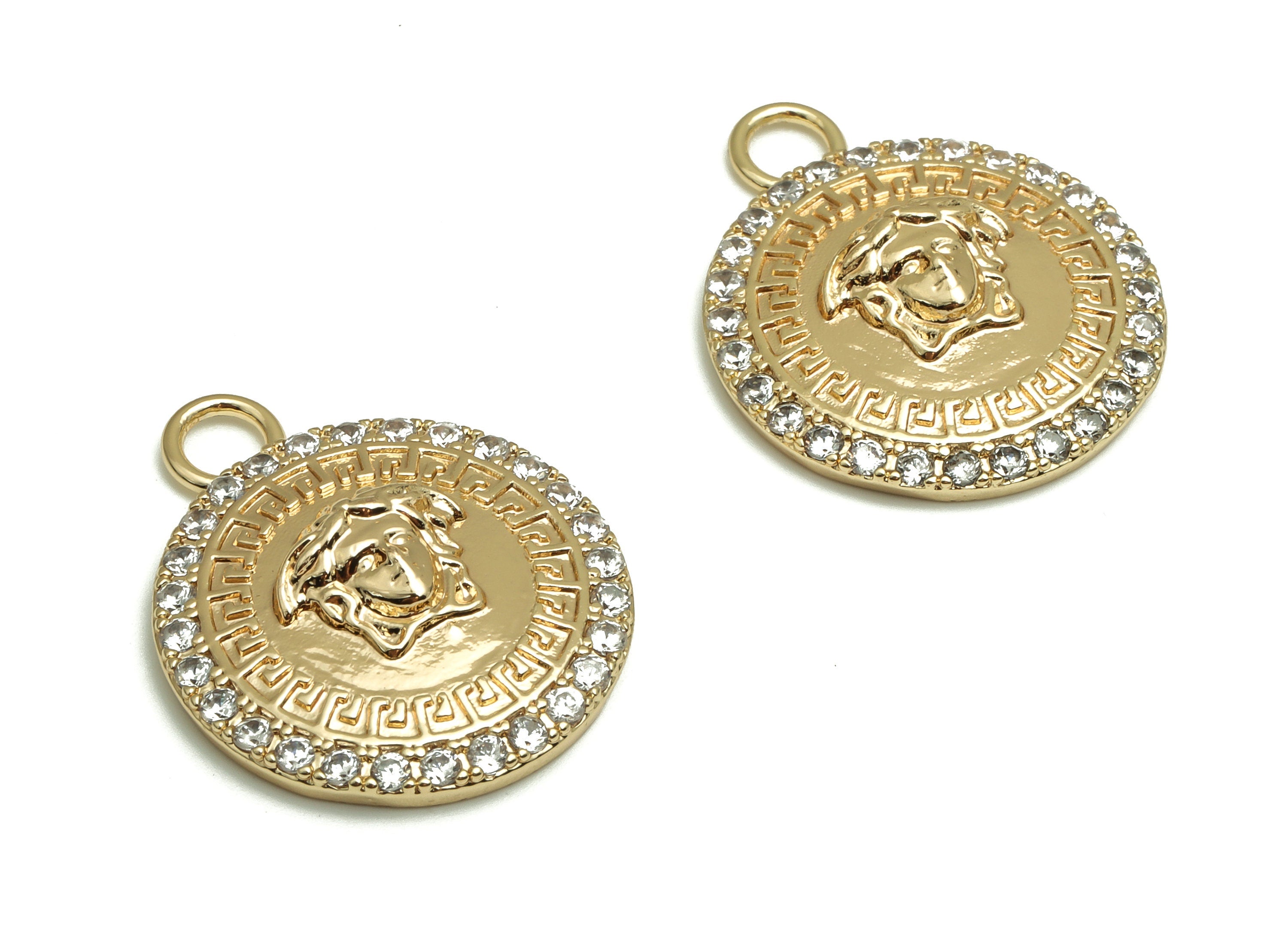 Brass Round Earring Charms With Zircons - Gold Face Pendant - 18K Real Gold Plated Brass - Jewelry Supplies - 24.96x20.51x5.3mm- RGP4124 - DOMEDBAZAAR