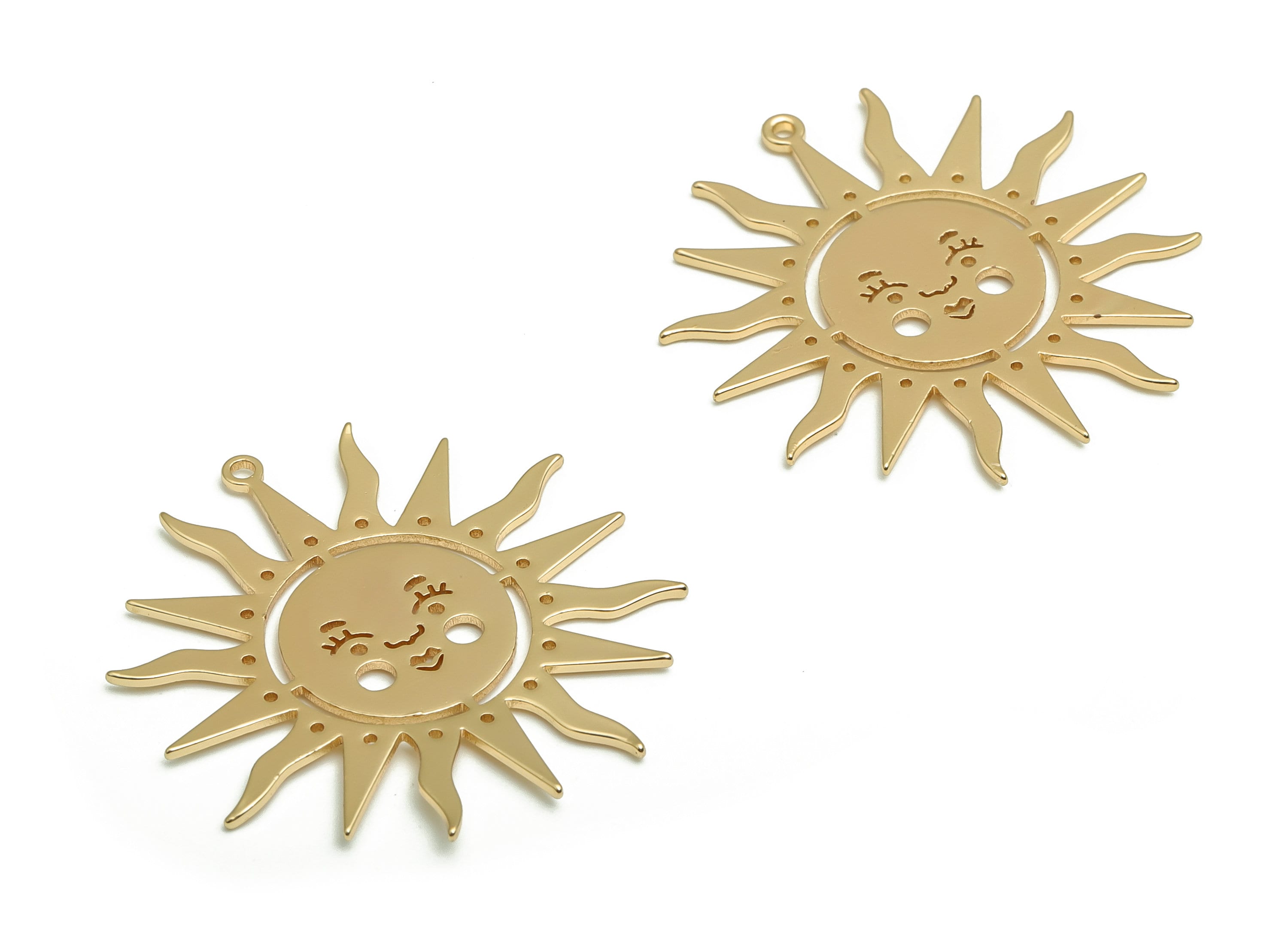 Brass Sun Earring Charms - Gold Face Pendant - 18K Real Gold Plated Brass - Jewelry Making Supplies - 32.03x32.03x0.76mm - RGP4098 - DOMEDBAZAAR