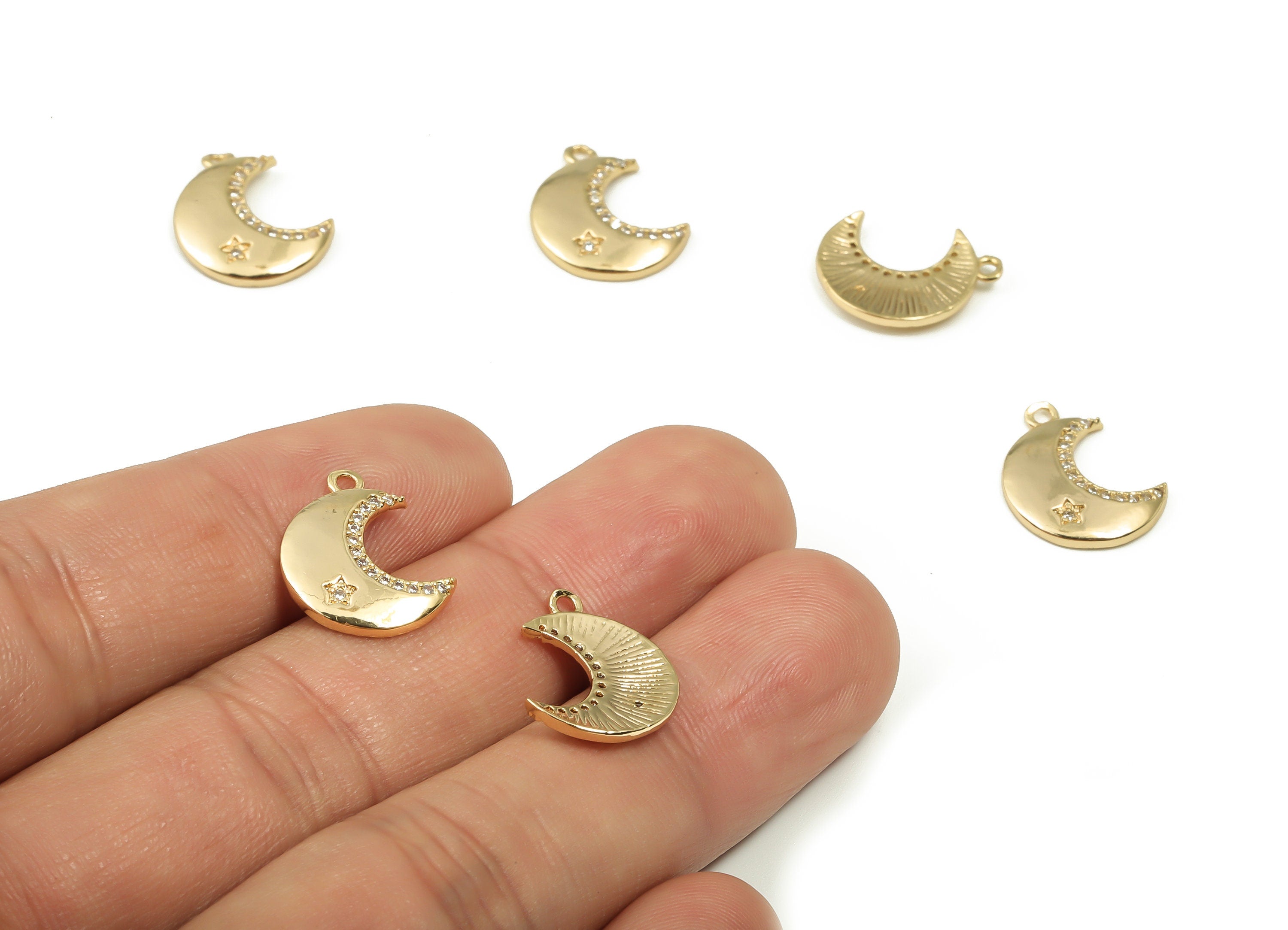 Brass Crescent Earring Charms With Zircons - Gold Moon Star Pendant - 18K Real Gold Plated Brass - 13.71x12.36x1.89mm - RGP4156 - DOMEDBAZAAR