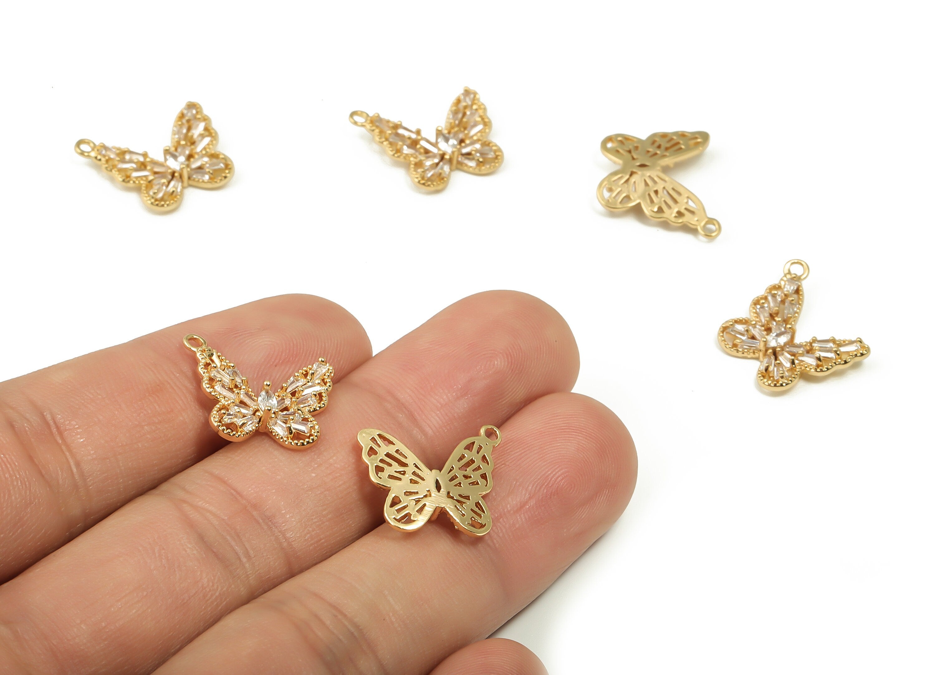 Brass Butterfly Pendant Charm – Zircon Butterfly Bracelet Charm - 18K Real Gold Plated Brass - Jewelry Making -16.4x14.46x2.37mm- RGP4160 - DOMEDBAZAAR