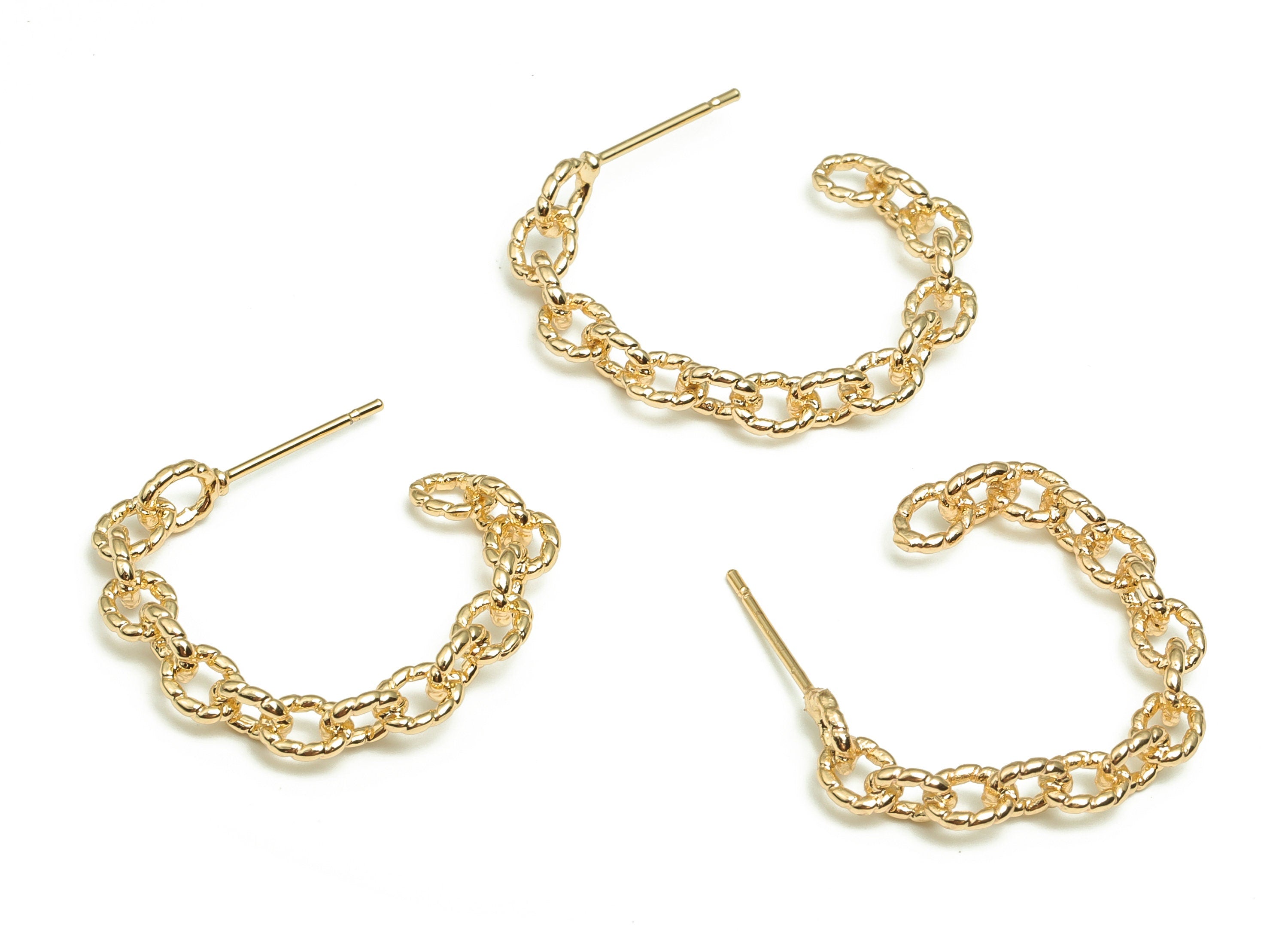 Brass Link Chain Earring Stud - Gold Open Hoop Earring Post - Stainless Steel Studs - 18k Real Gold Plated Brass - 25.82x22.66x4mm - RGP4131 - DOMEDBAZAAR