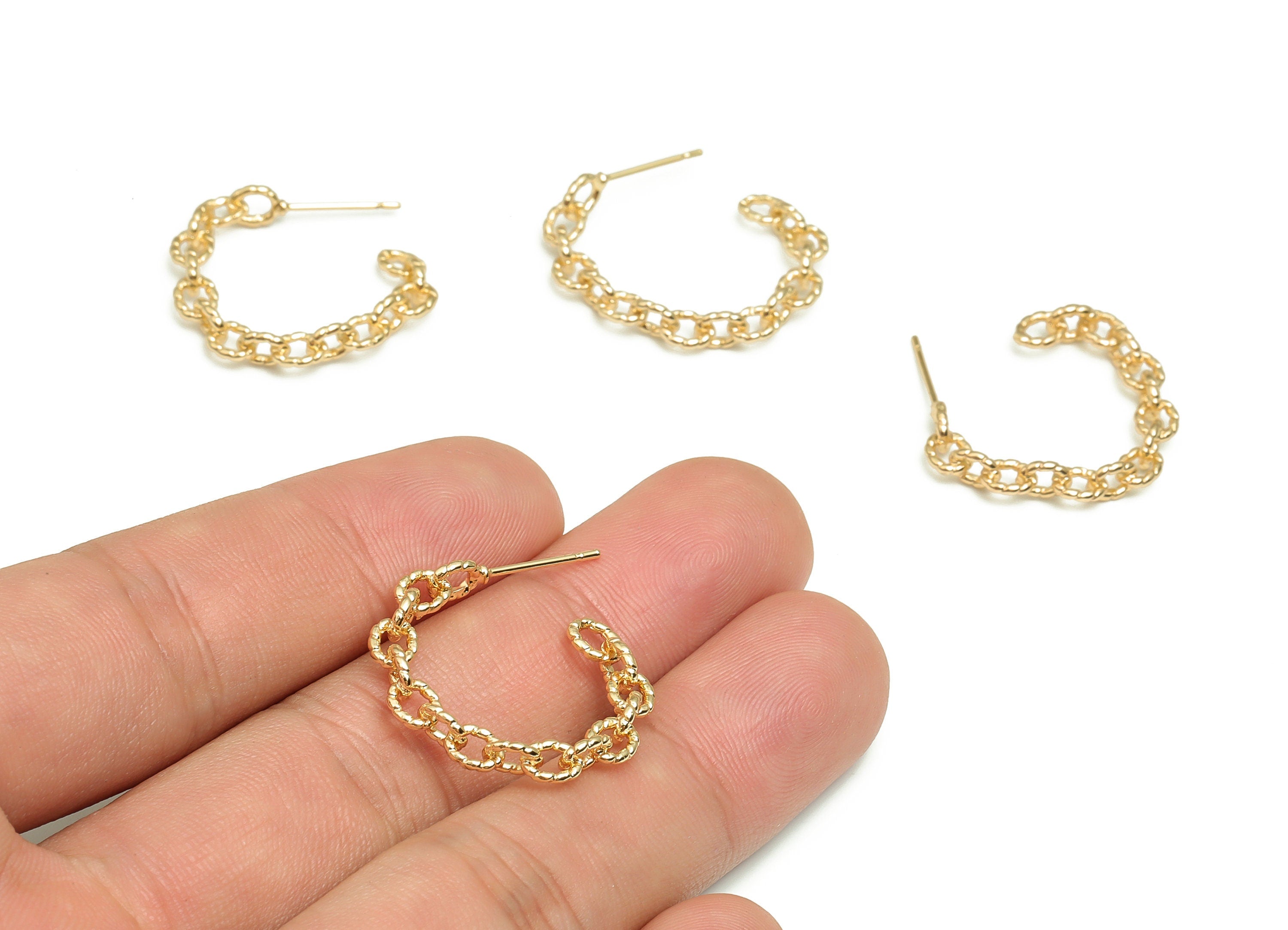 Brass Link Chain Earring Stud - Gold Open Hoop Earring Post - Stainless Steel Studs - 18k Real Gold Plated Brass - 25.82x22.66x4mm - RGP4131 - DOMEDBAZAAR