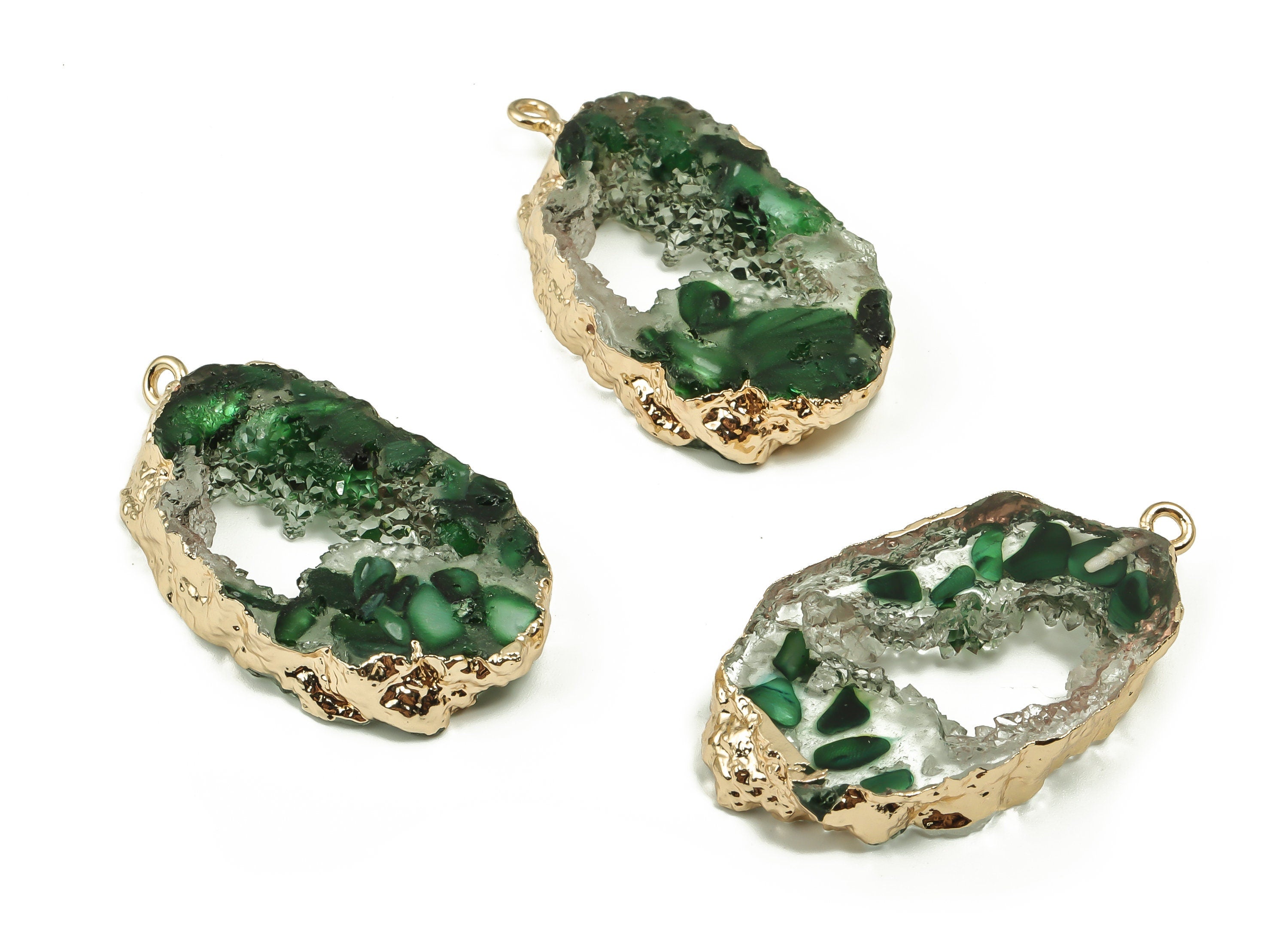 Druzy Resin Geometry Earring Charms - Druzy Resin Pendant - Brass Shell Pendant - Gold Tone Plating Green Charm - 39.87x21.26x6.13mm -RC1195 - DOMEDBAZAAR