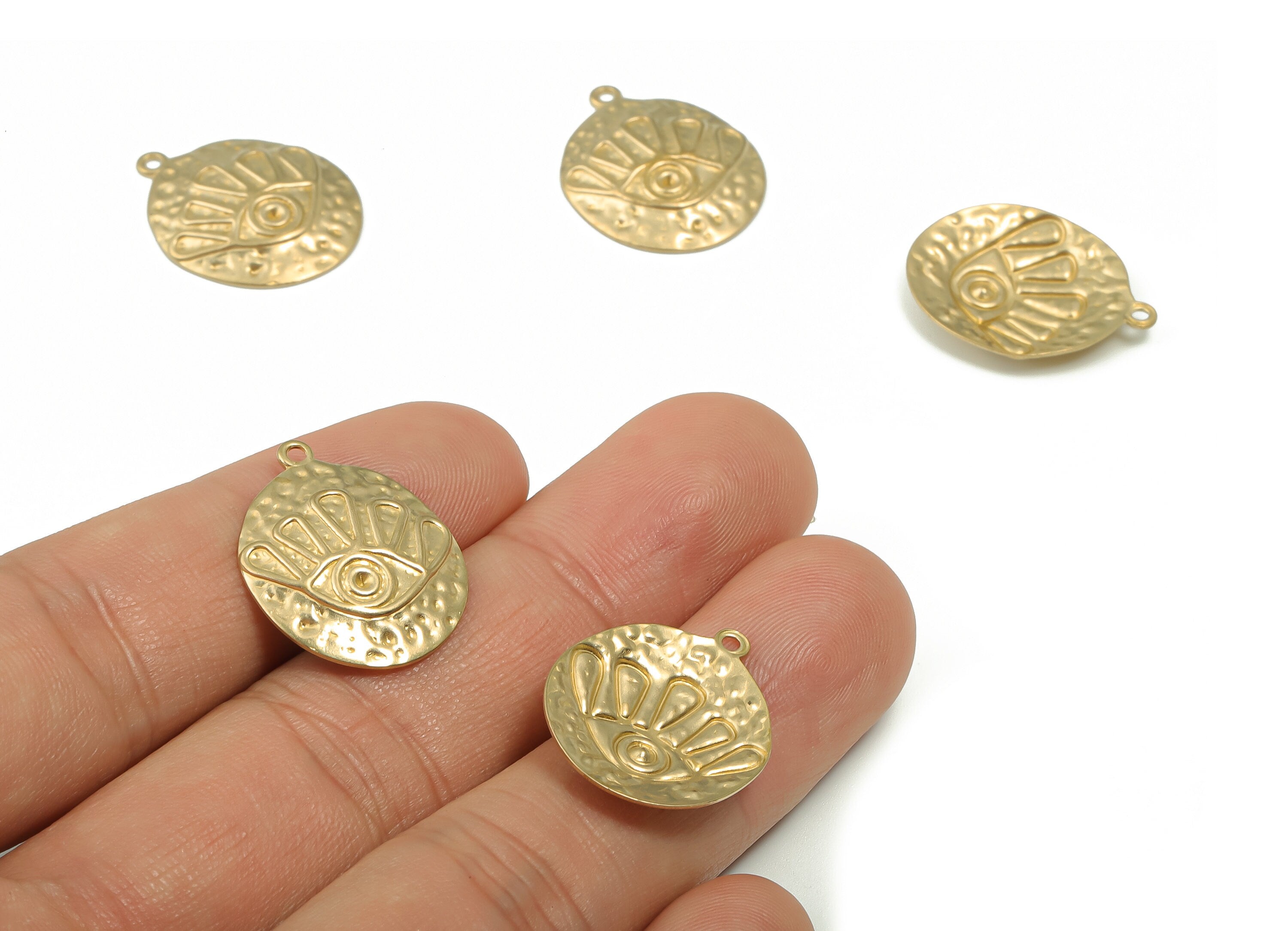 Brass Hammered Round Eye Earring Charms - Raw Brass Eye Circle Pendant - DIY Jewelry Making Supplies - 22.58x17.97x0.73mm - PP4882 - DOMEDBAZAAR