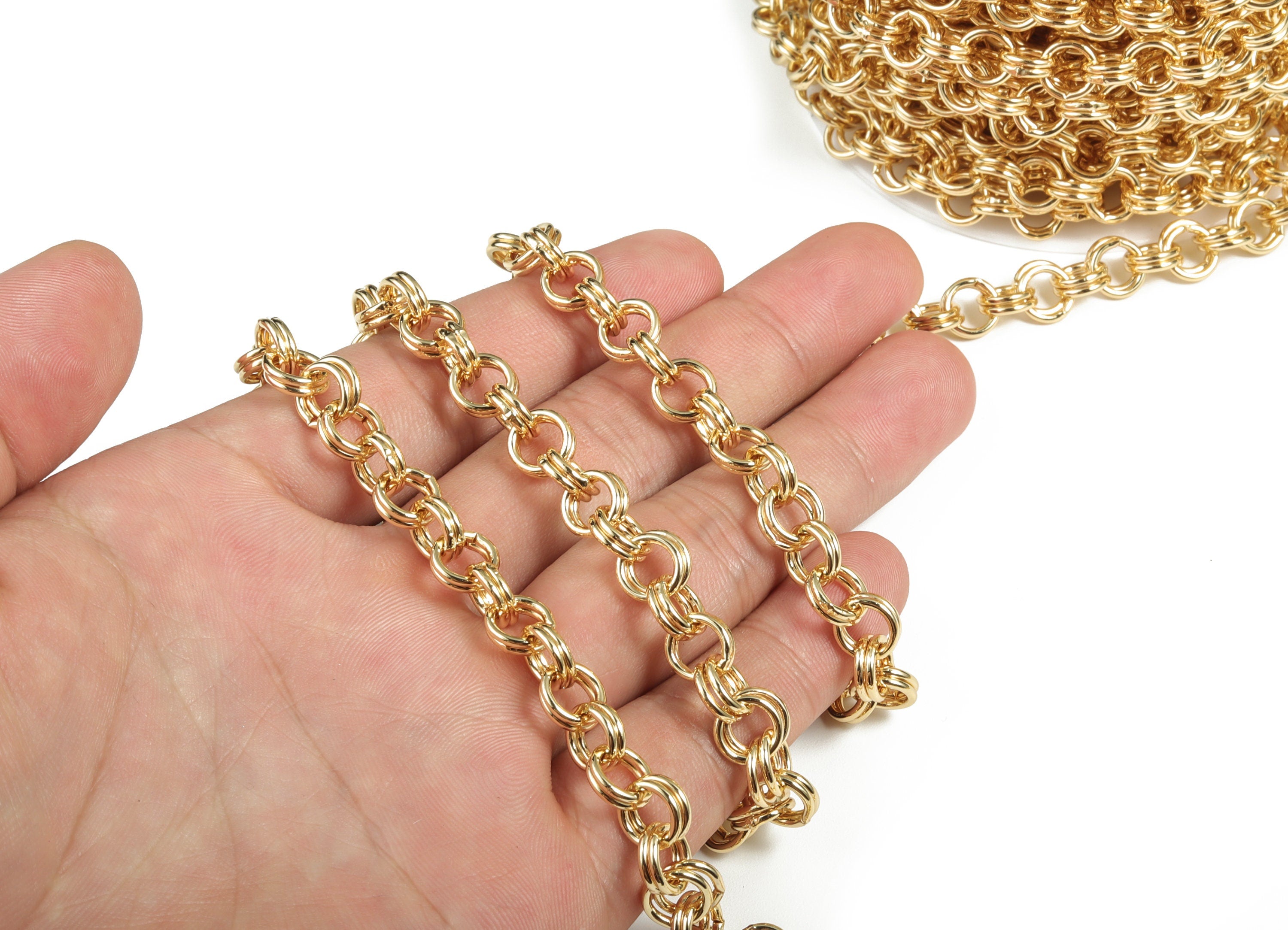 Round Link Cable Chain - Round Rolo Cable Chain - 18K Gold Round Chain - Soldered Double Circle Chain For Bracelet 0.32"x0.32"x0.10" RGP3028 - DOMEDBAZAAR