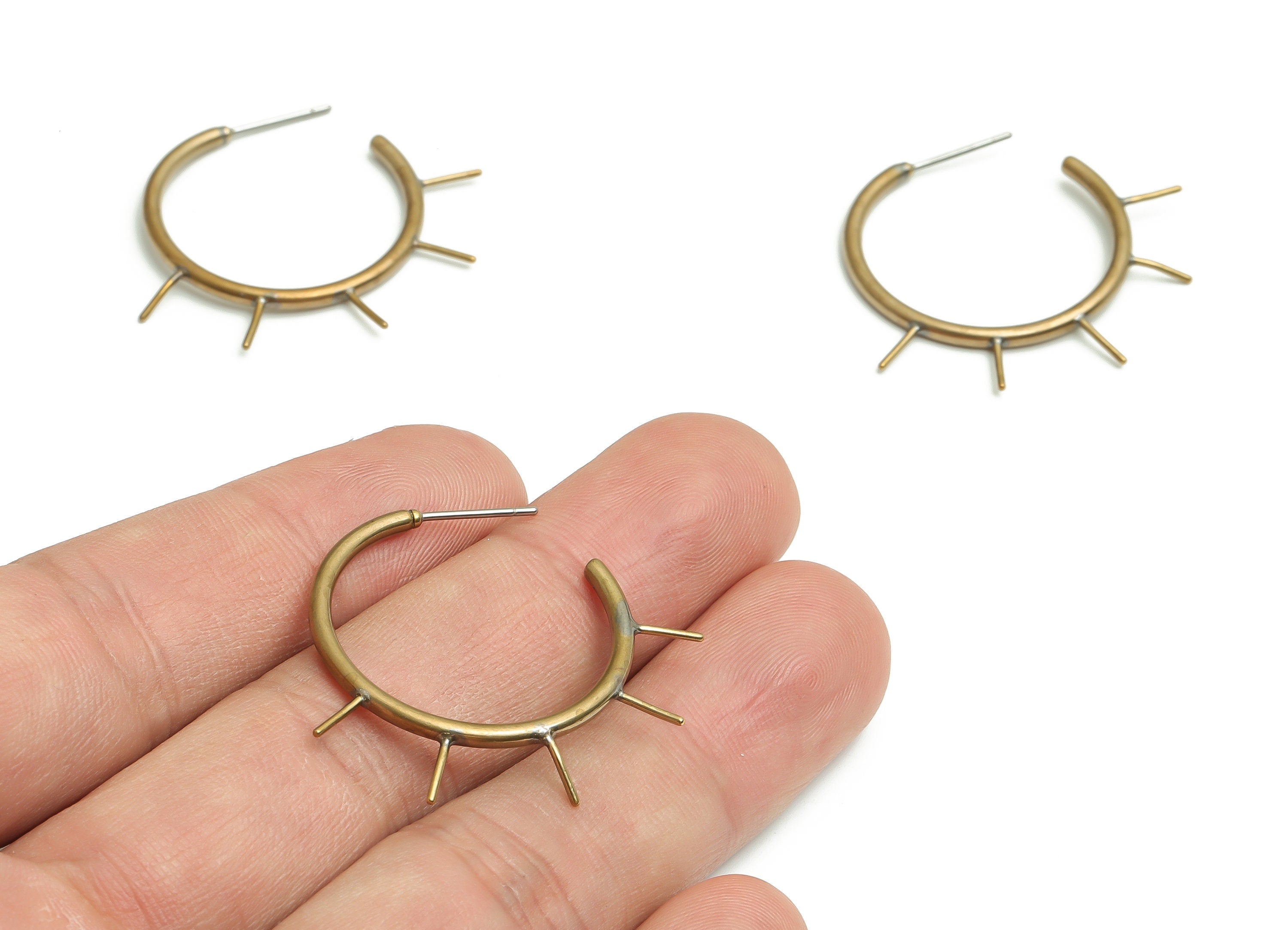 Brass C Earring Stud - Raw Brass Sun Ray Earring Post - Stainless Steel Stud -  Jewelry Making Supplies - 32.85x32.38x1.98mm- PP4734 - DOMEDBAZAAR