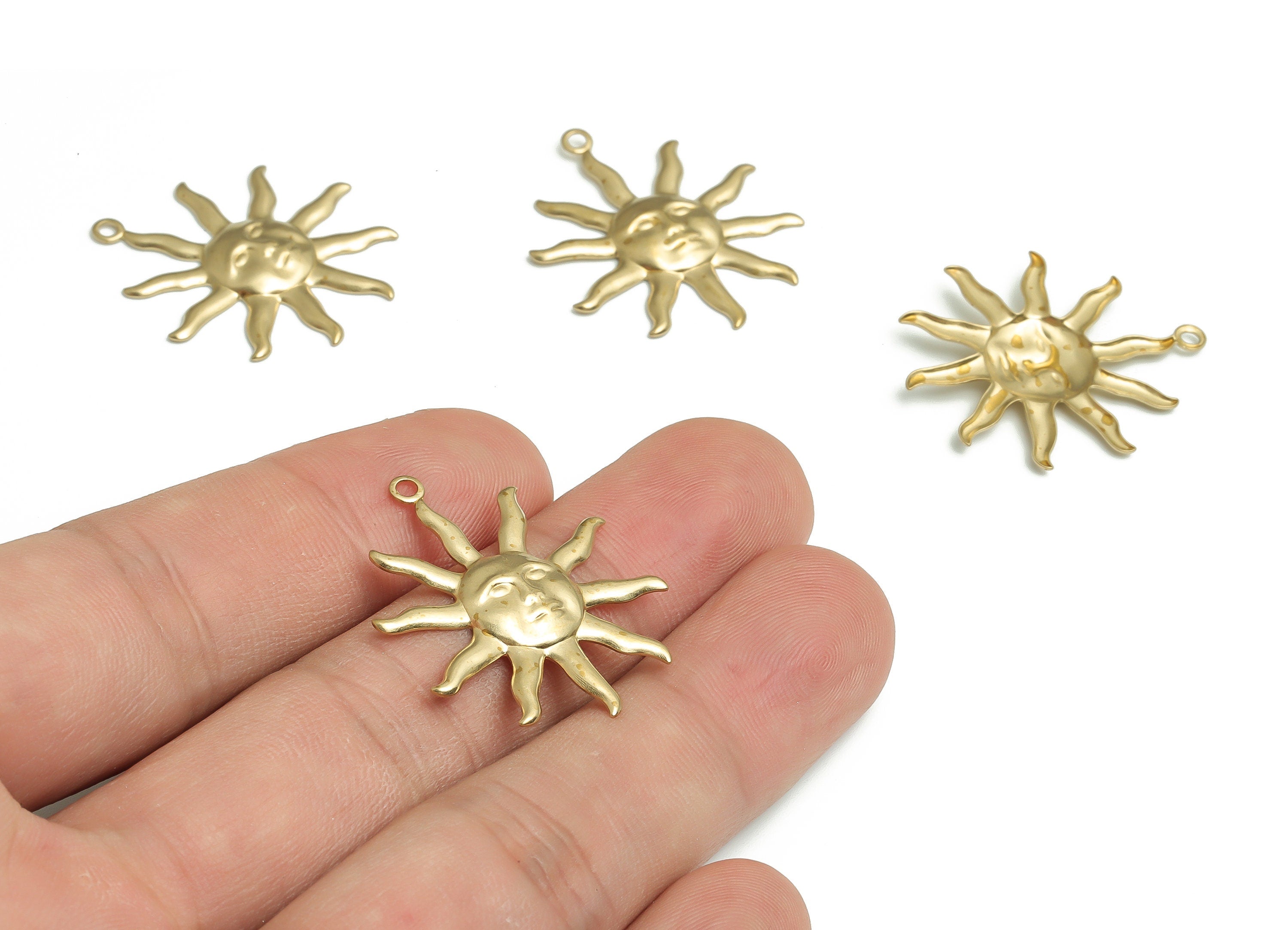 Brass Sun Earring Charms - Raw Brass Face Pendant - DIY Jewelry Making Supplies - 29.69x26.66x2.14mm - PP4815 - DOMEDBAZAAR