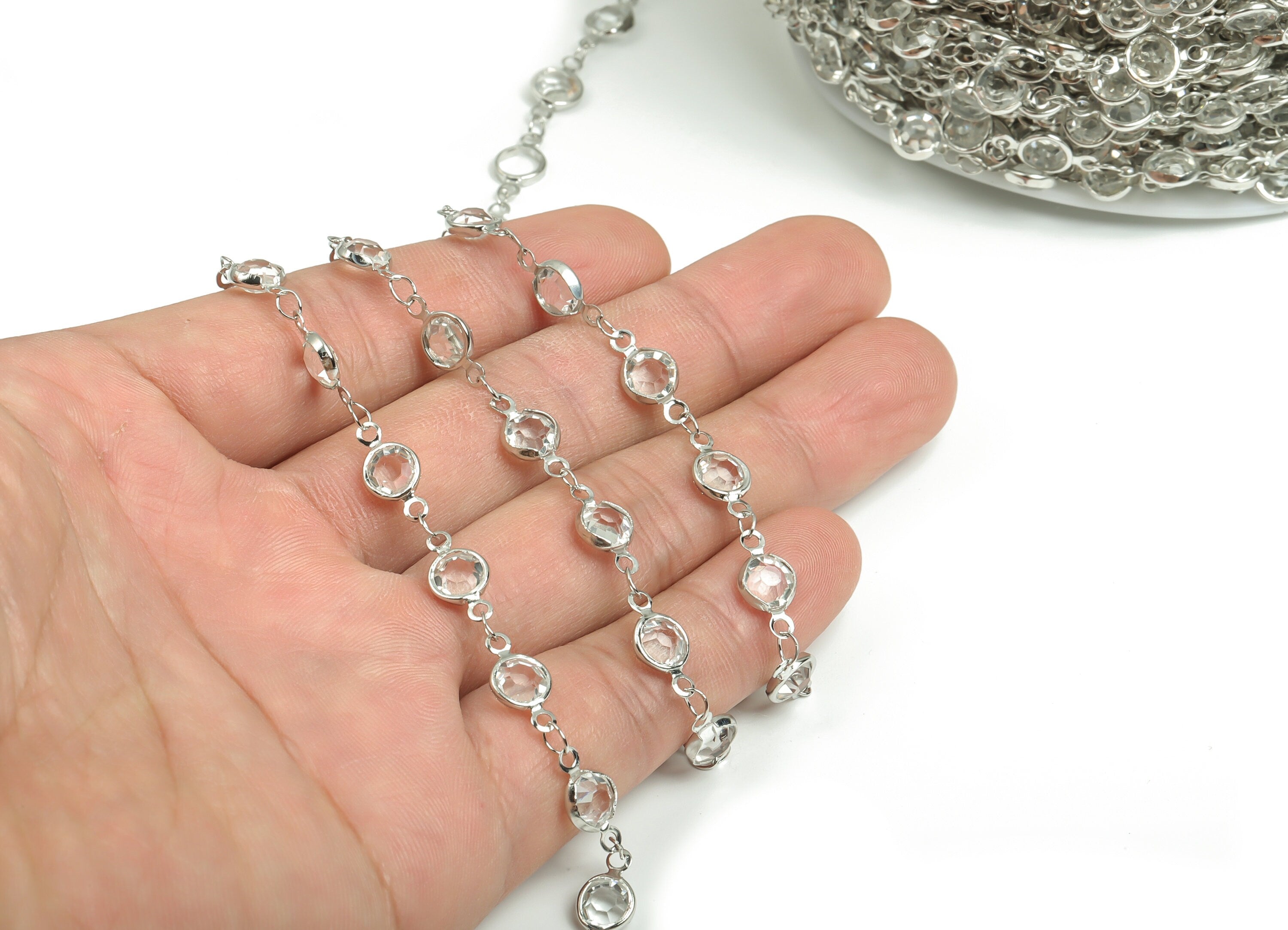 Glass Bead Chain - Silver Tone Plated Brass Chain - Soldered Round Beaded Chain - For Necklace Bracelet 0.52" x 0.27" x 0.12" CC1207S - DOMEDBAZAAR