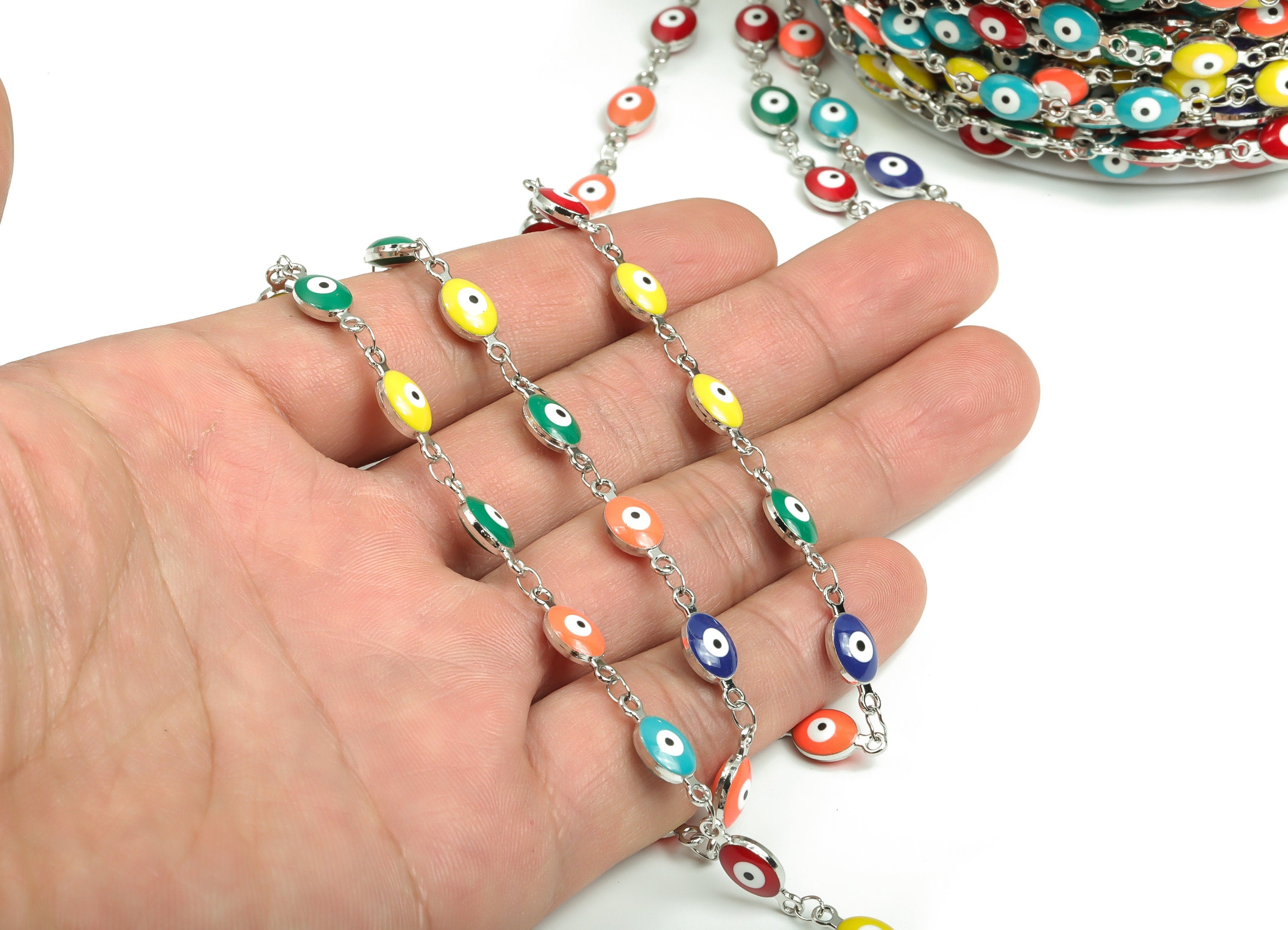 Evil Eye Enamel Chain - Silver Tone Plated Brass Chain - Soldered Marquise Multi Color Beaded Chain - For Bracelet 0.60"x0.24"x0.15" CC1209S - DOMEDBAZAAR