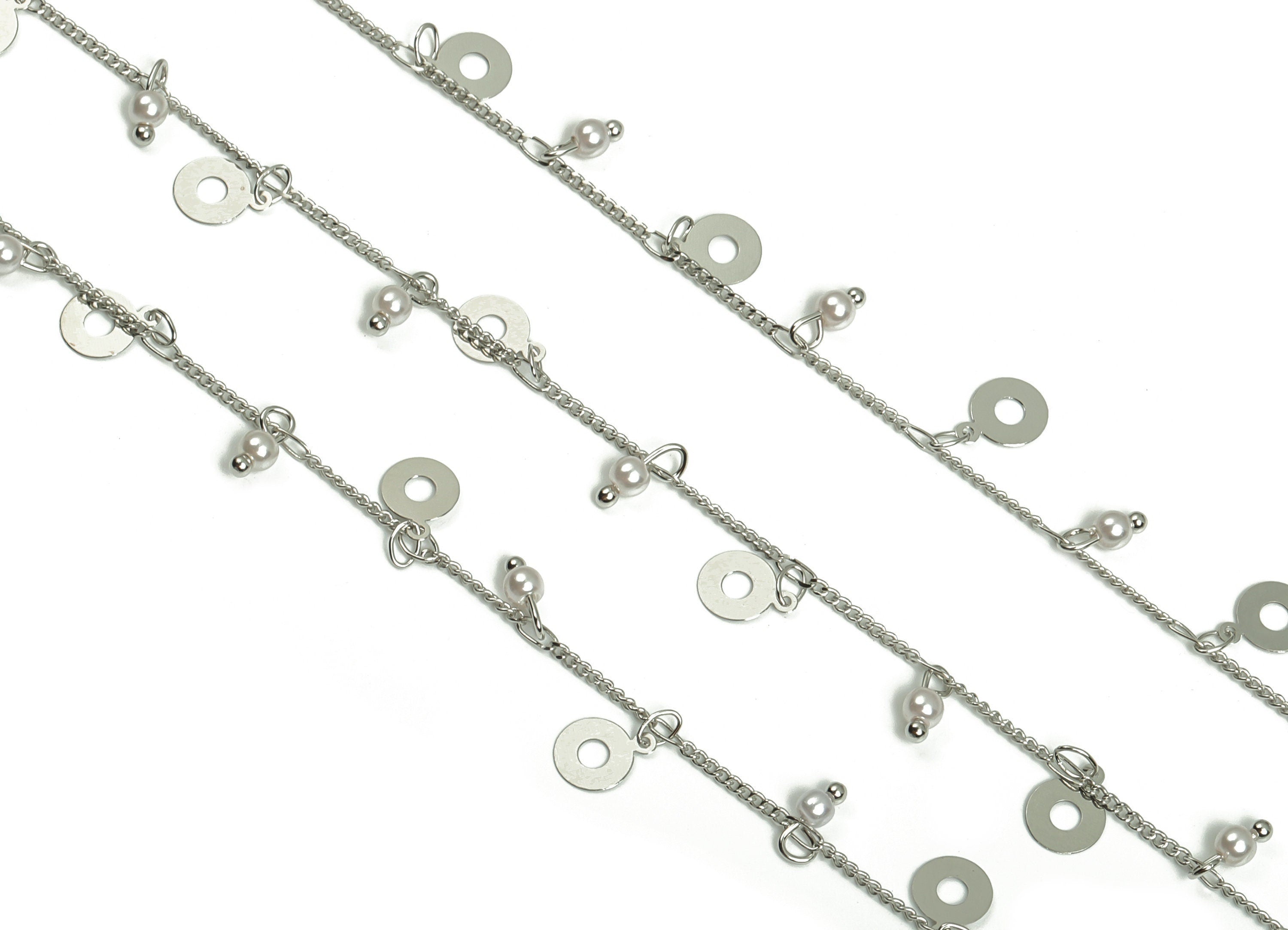 Pearl Satellite Curb Chain - Silver Tone Plated Brass Chain - Soldered Round Bead Chain - For Necklace Bracelet 0.05"x0.05"x0.2" CC1211S - DOMEDBAZAAR
