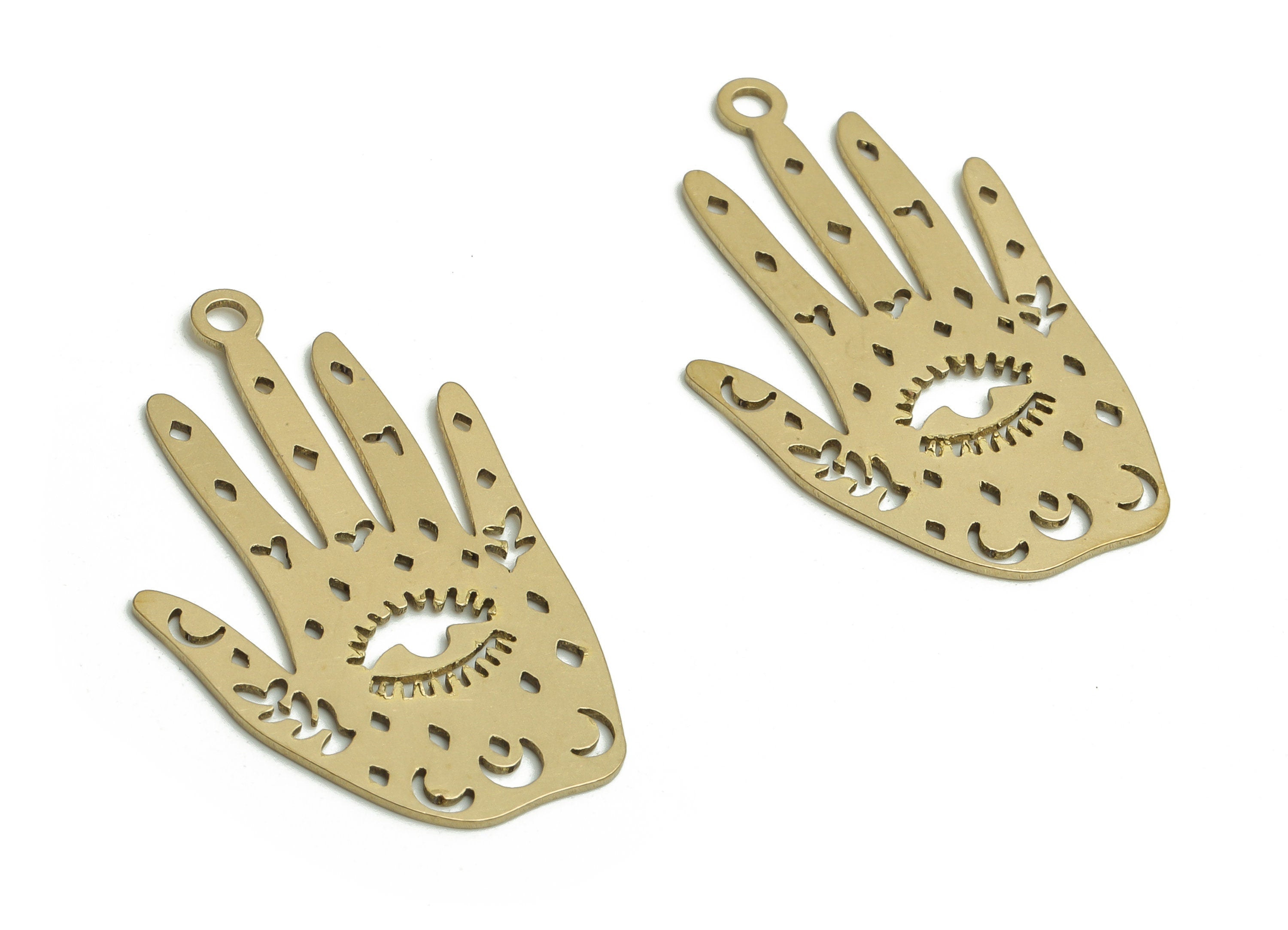 Brass Hand Eye Earring Charms - Raw Brass Moon Leaf Pendant - DIY Jewelry Making Supplies - 29.88x18.68x0.6mm - PP4768 - DOMEDBAZAAR