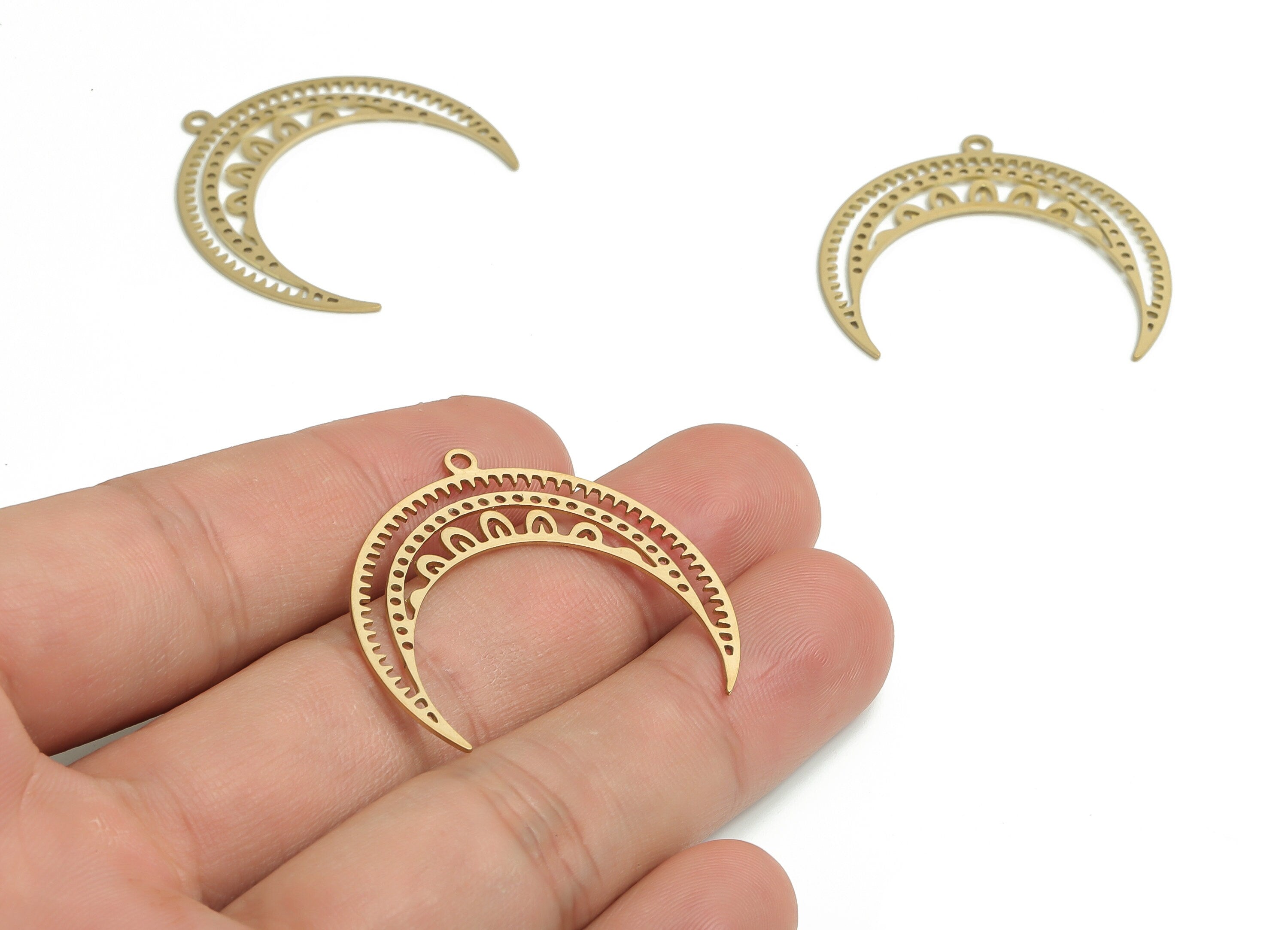 Brass Crescent Earring Charms - Raw Brass Hollow Moon Pendant - Jewelry Making Supplies - 34.14x32.46x0.65mm - PP4794 - DOMEDBAZAAR