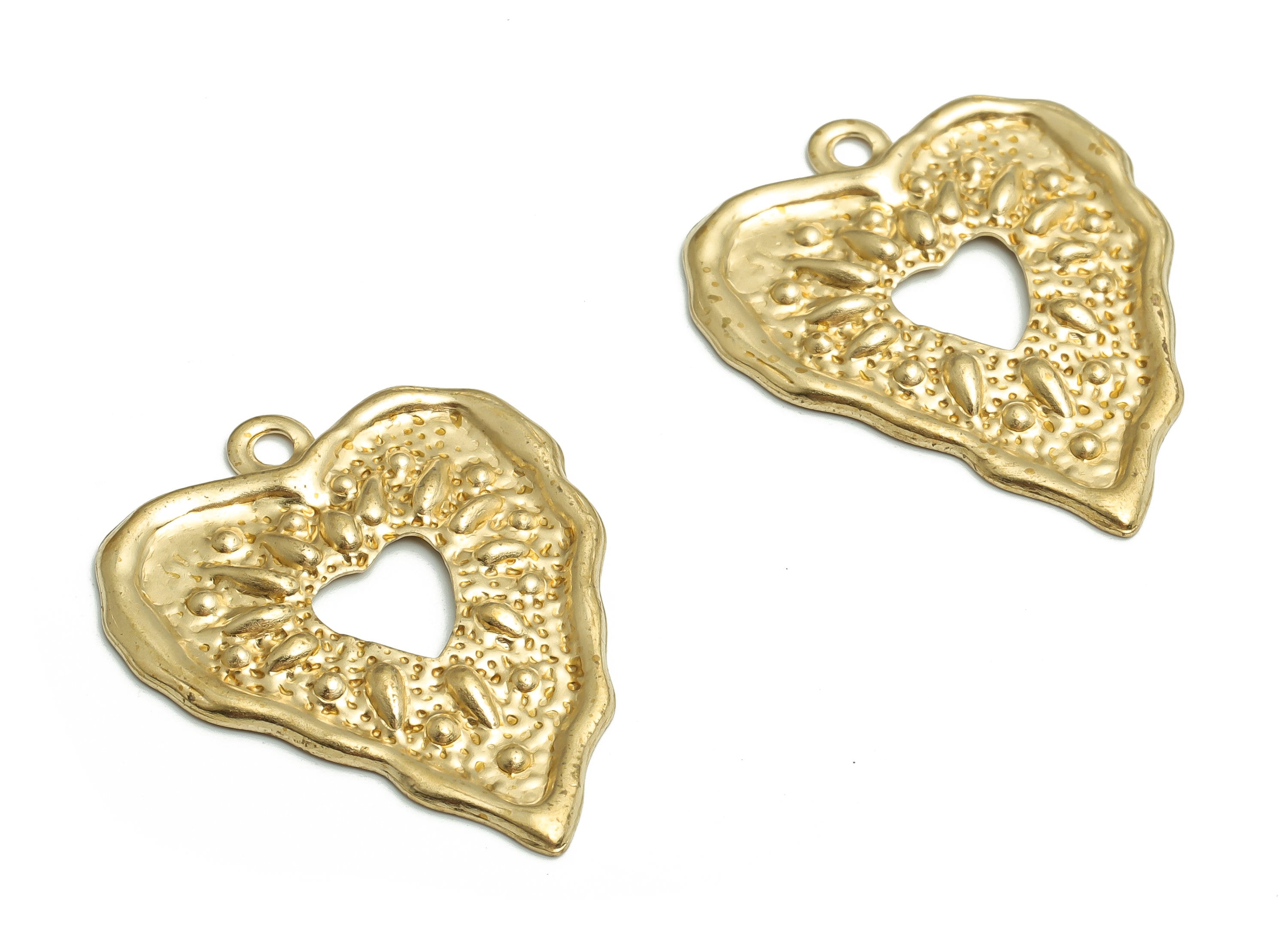 Brass Hammered Heart Earring Charms - Raw Brass Heart Pendant - DIY Jewelry Making Supplies - 34.24x27.89x1.82mm - PP4711 - DOMEDBAZAAR