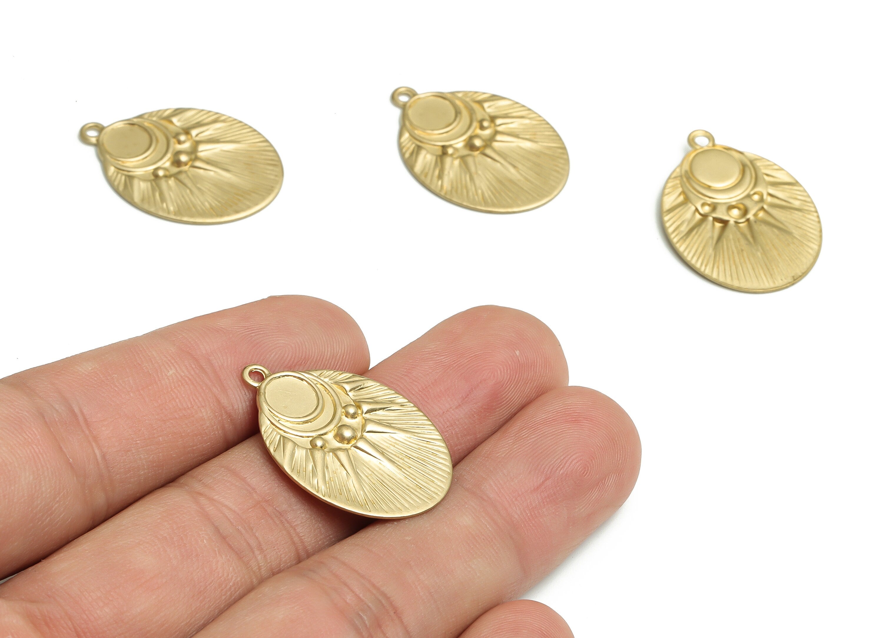 Brass Oval Sun Earring Charms - Raw Brass Moon Sun Pendant - DIY Jewelry Making Supplies - 27.48x20.01x1.66mm - PP4722 - DOMEDBAZAAR