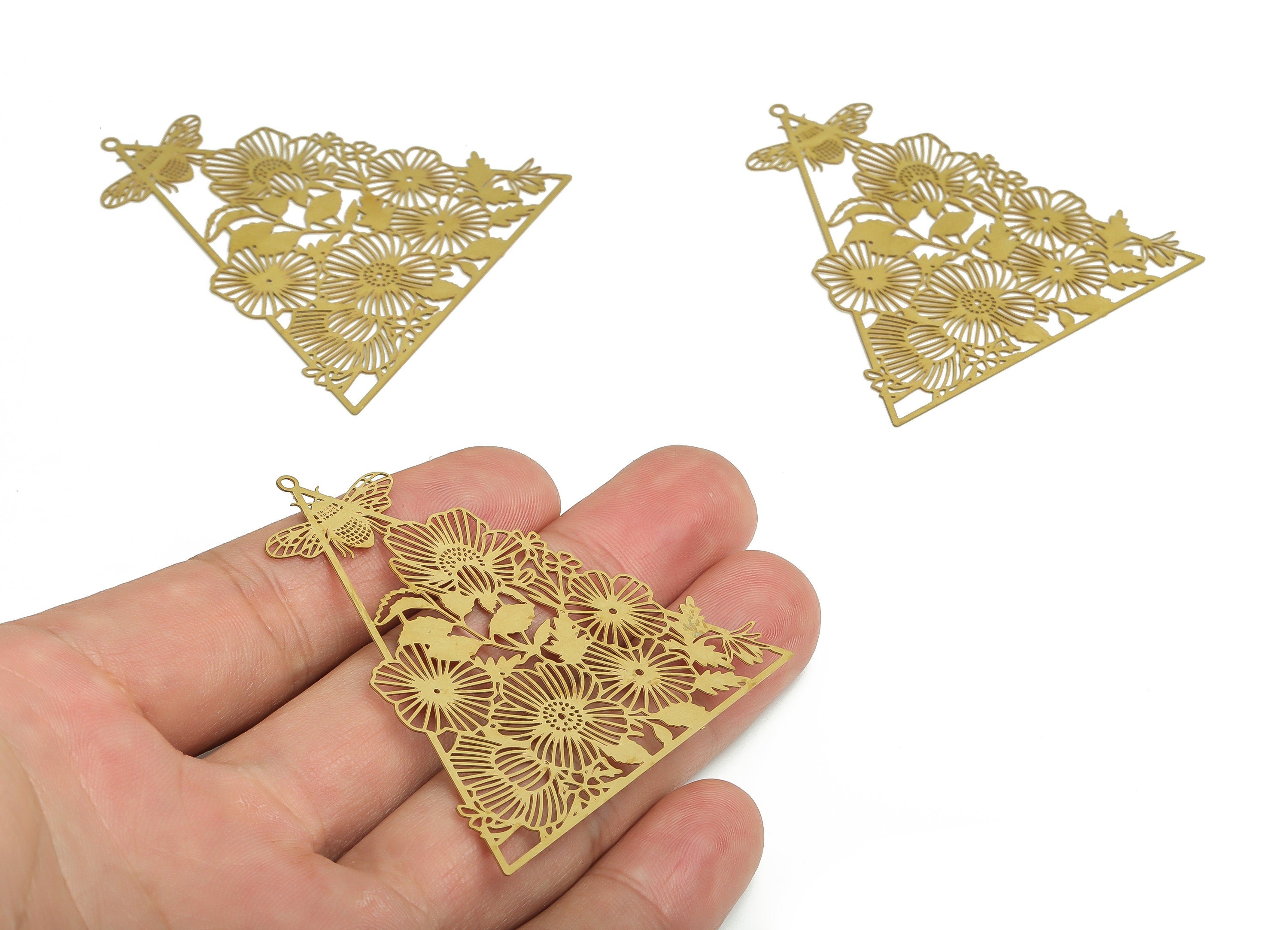 Brass Triangle Earring Charms - Raw Brass Bee Flowers Pendant - Jewelry Making Supplies - 56.74x53.22x0.29mm - JJA4690 - DOMEDBAZAAR