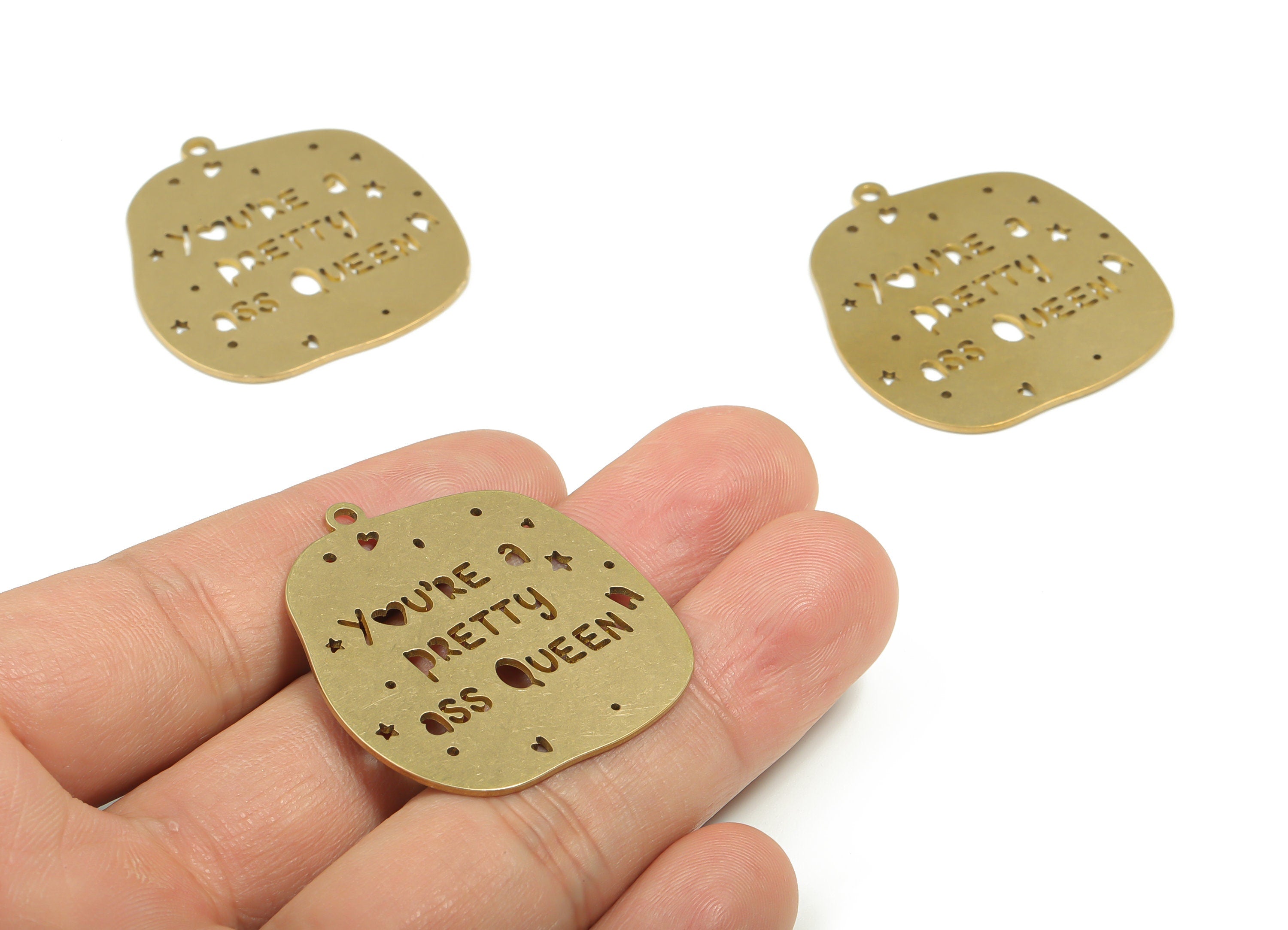 Brass You’RE A PRETTY QUEEN Earring Charms - Raw Brass Star Heart Pendant - Jewelry Supplies - 37.81mm x 34.58mm x 0.88mm -PPZ0047-1 - DOMEDBAZAAR