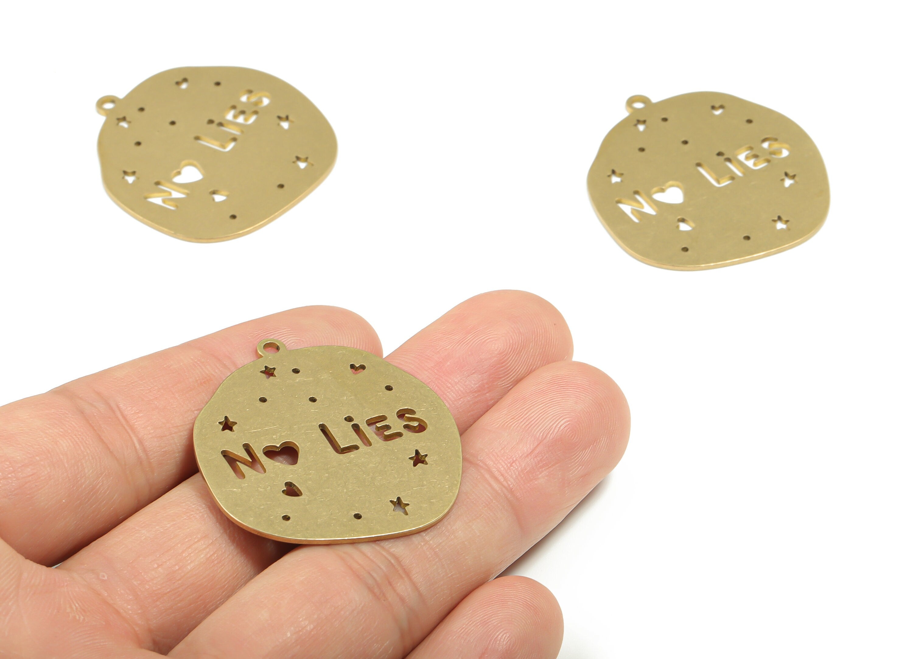 Brass Geometry NO LIES Earring Charms - Raw Brass Star Heart Pendant - DIY Jewelry Making Supplies - 37.31mm x 34.21mm x 0.89mm - PPZ0044-1 - DOMEDBAZAAR