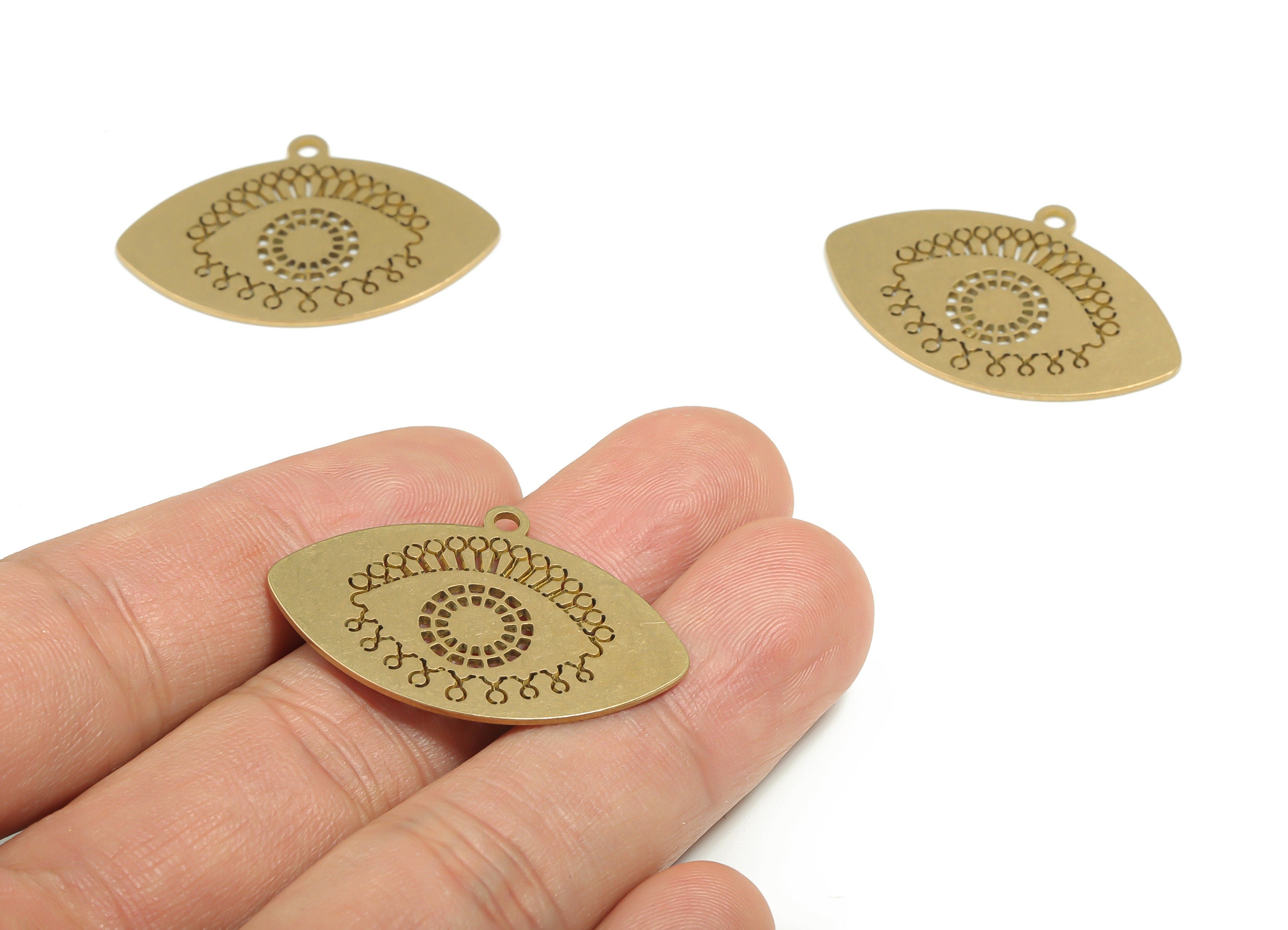 Brass Eye Earring Charms - Raw Brass EyeLash Pendant - Jewelry Making Supplies - 34.72mm x 23.81mm x 0.77mm - PPA0314-1 - DOMEDBAZAAR