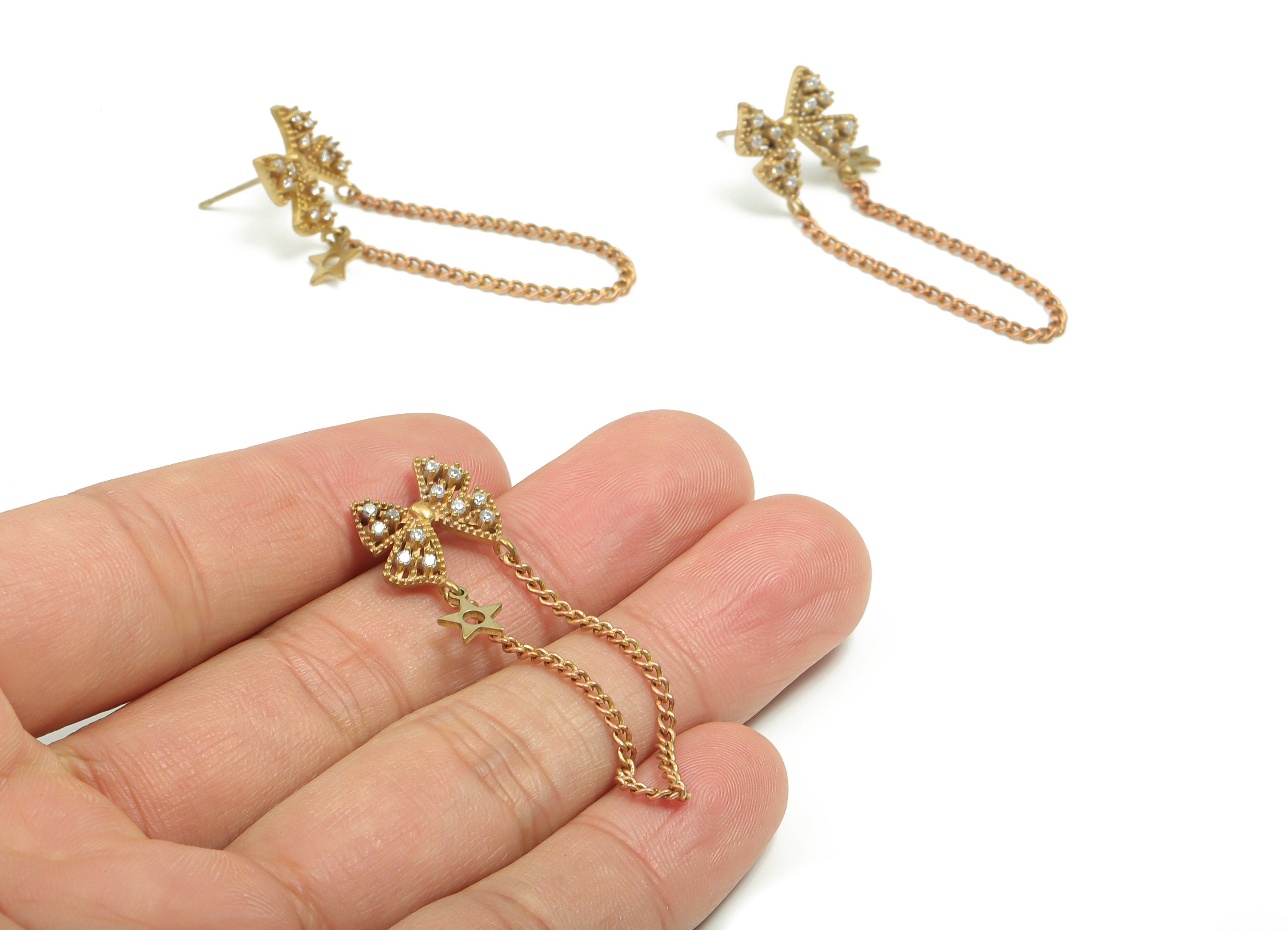 Brass Butterfly Earring Stud With Zircons - Raw Brass Butterfly Post - Brass Stud - Chain Earring - 46.48x15.25x2.94mm - PP4912 - DOMEDBAZAAR