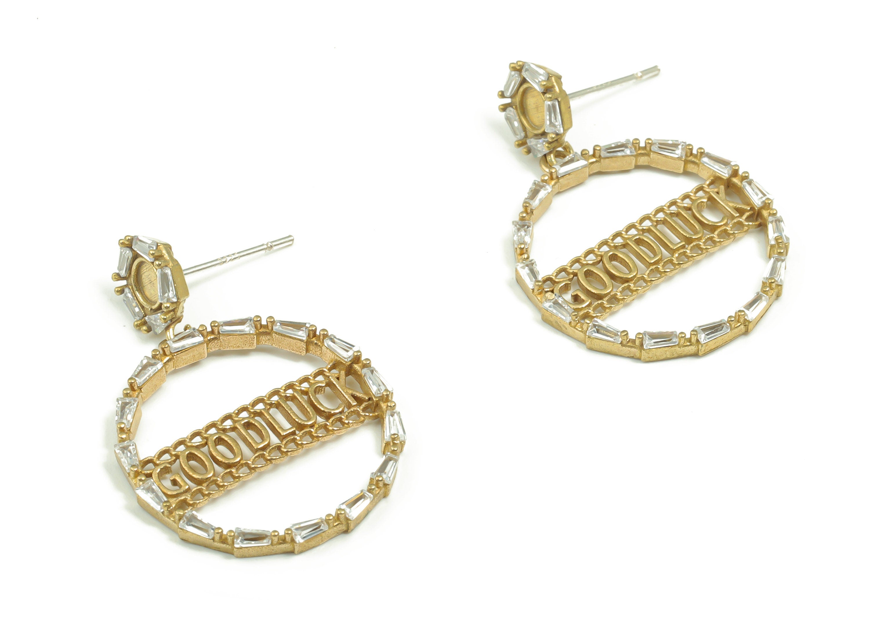 Brass Circle Earring Stud With Zircons - Raw Brass Good Luck Earring Post - Brass Stud - Jewelry Supplies - 29.87x21.1x2.34mm - PP4894 - DOMEDBAZAAR