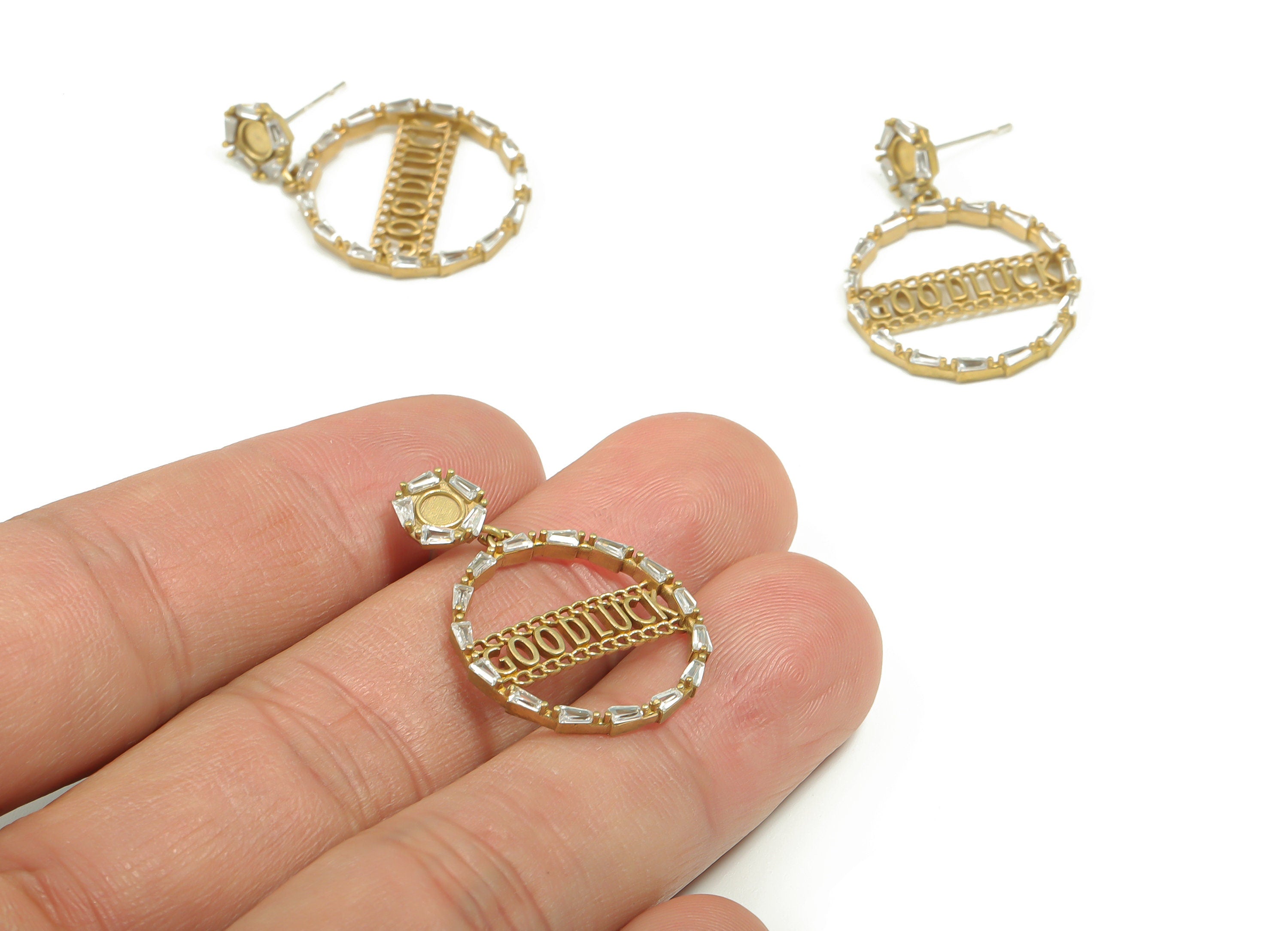 Brass Circle Earring Stud With Zircons - Raw Brass Good Luck Earring Post - Brass Stud - Jewelry Supplies - 29.87x21.1x2.34mm - PP4894 - DOMEDBAZAAR