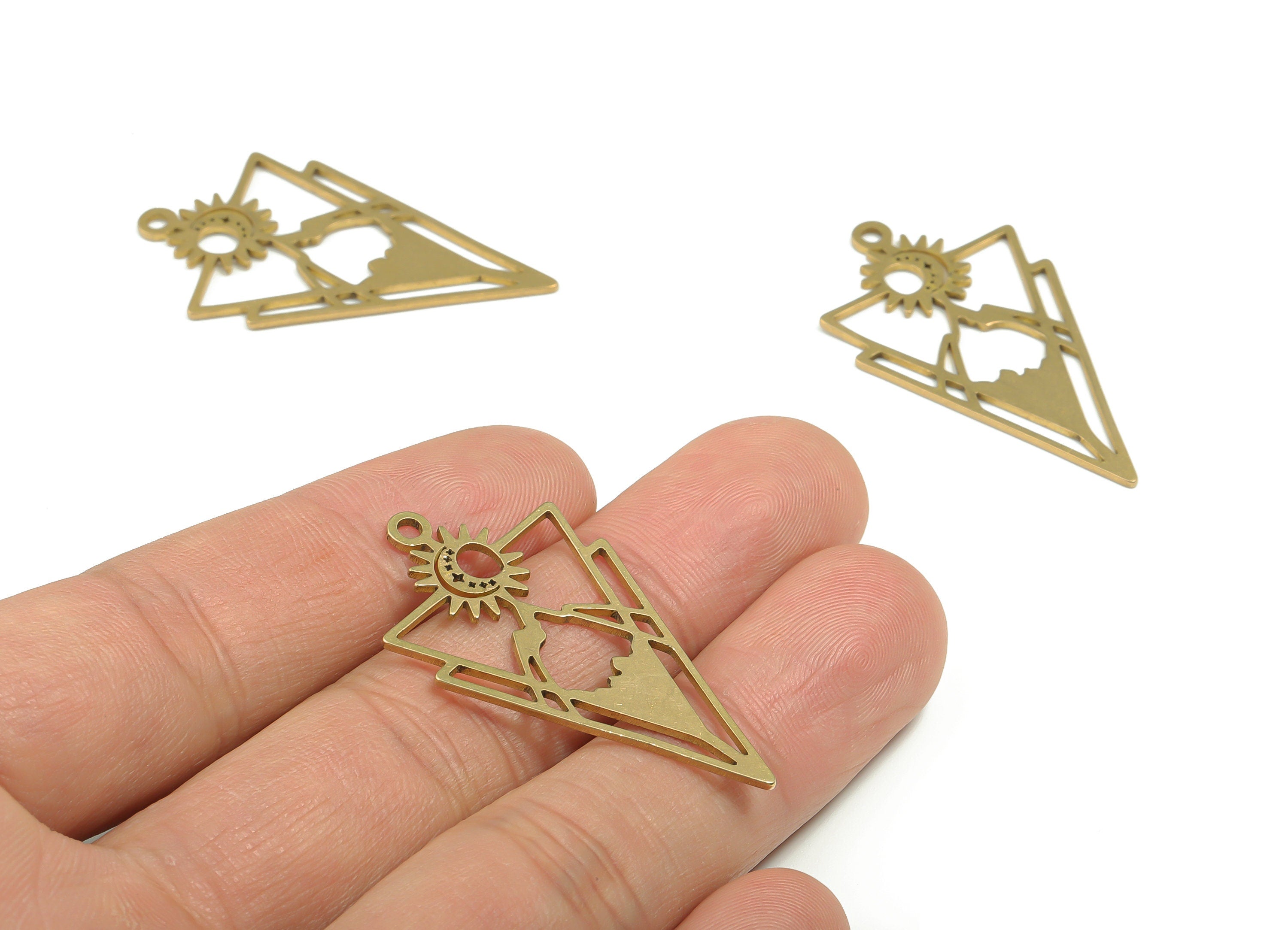 Brass Sun Triangle Earring Charms - Raw Brass Moon Star Mountain Pendant - DIY Jewelry Making Supplies - 40.7mm x 22.45mm x 0.86mm - PPZ0078 - DOMEDBAZAAR